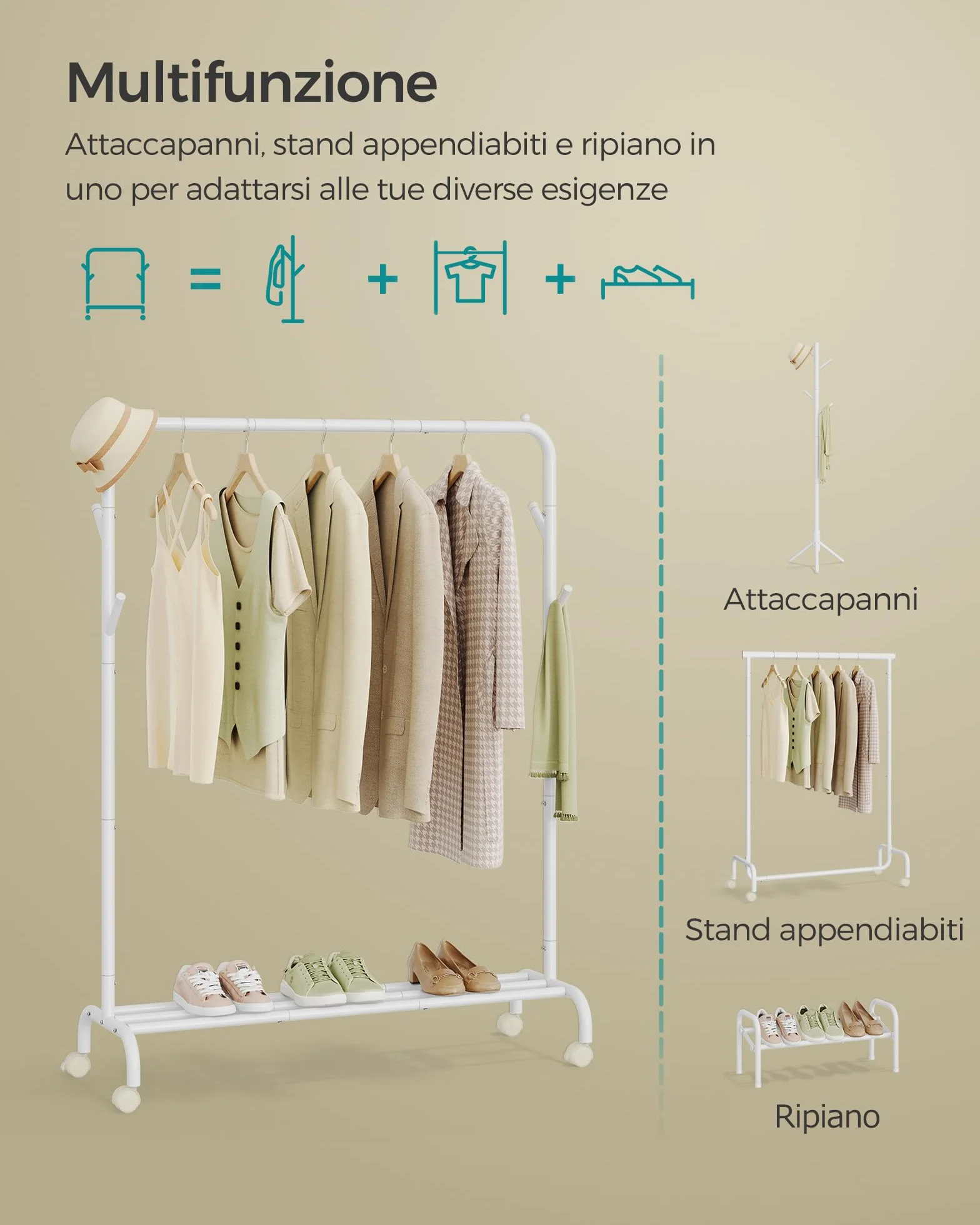 SONGMICS Appendiabiti singolo, struttura in metallo resistente, con ruote e ripiano, portata massima 50 kg, larghezza 103,5 cm, colore: bianco nuvola HSR131W01