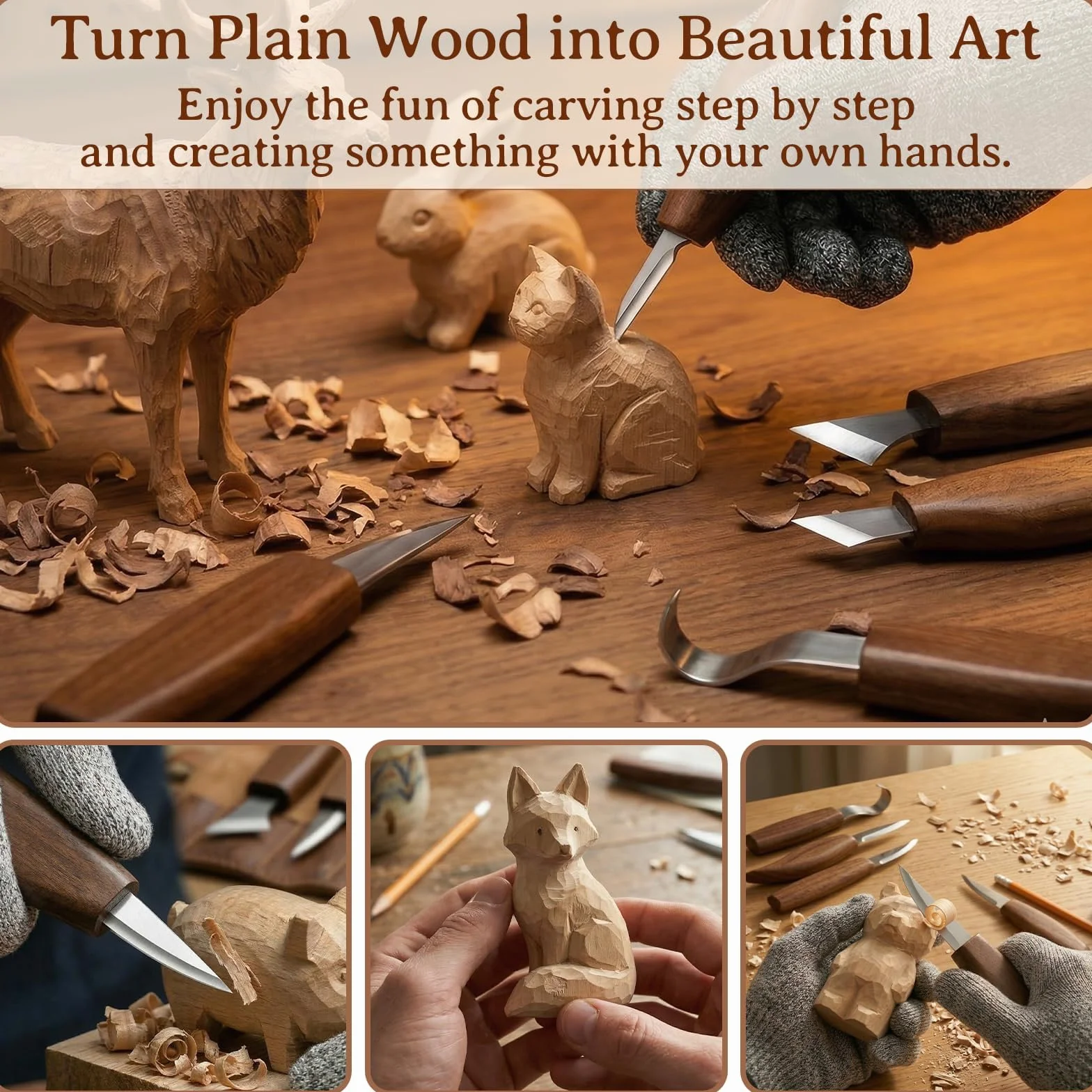 26 Pezzi Kit di Coltelli per Intaglio del Legno, PUYUKO Kit intaglio del Legno con Guanti e Borsa, Kit Scultura Legno Completo per Affilatura, Borsa Arrotolabile e Guanti, Scalpelli (26 Pezzi)