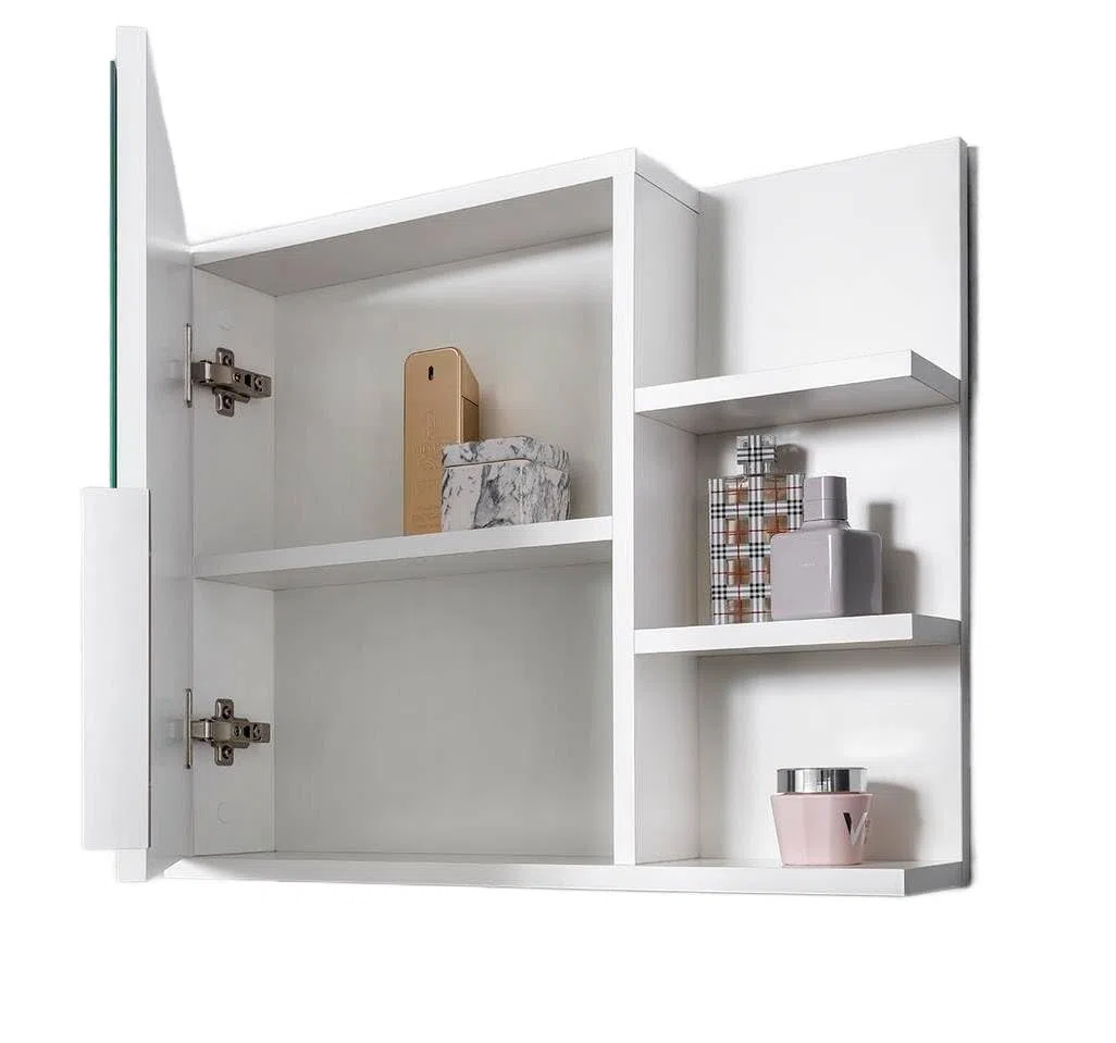 Mobiletto a specchio 60x50 bianco, per il bagno con mensole, specchio da bagno, mobiletto sospeso - da parete, LAMPADA LED - Destra