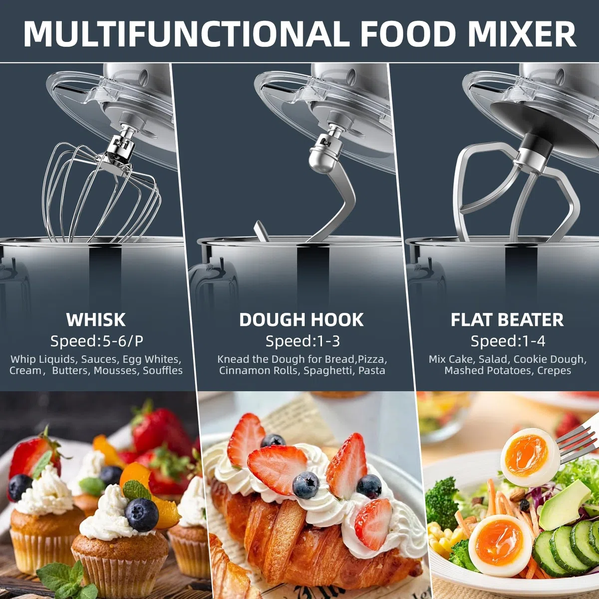 Impastatrice Planetaria offerta 6,5L 1500W Professionale Robot da Cucina Multifunzione 6+P Velocità Basso Rumore Mixer Elettrico con Gancio per Impastare, Frusta Piatta, Frusta