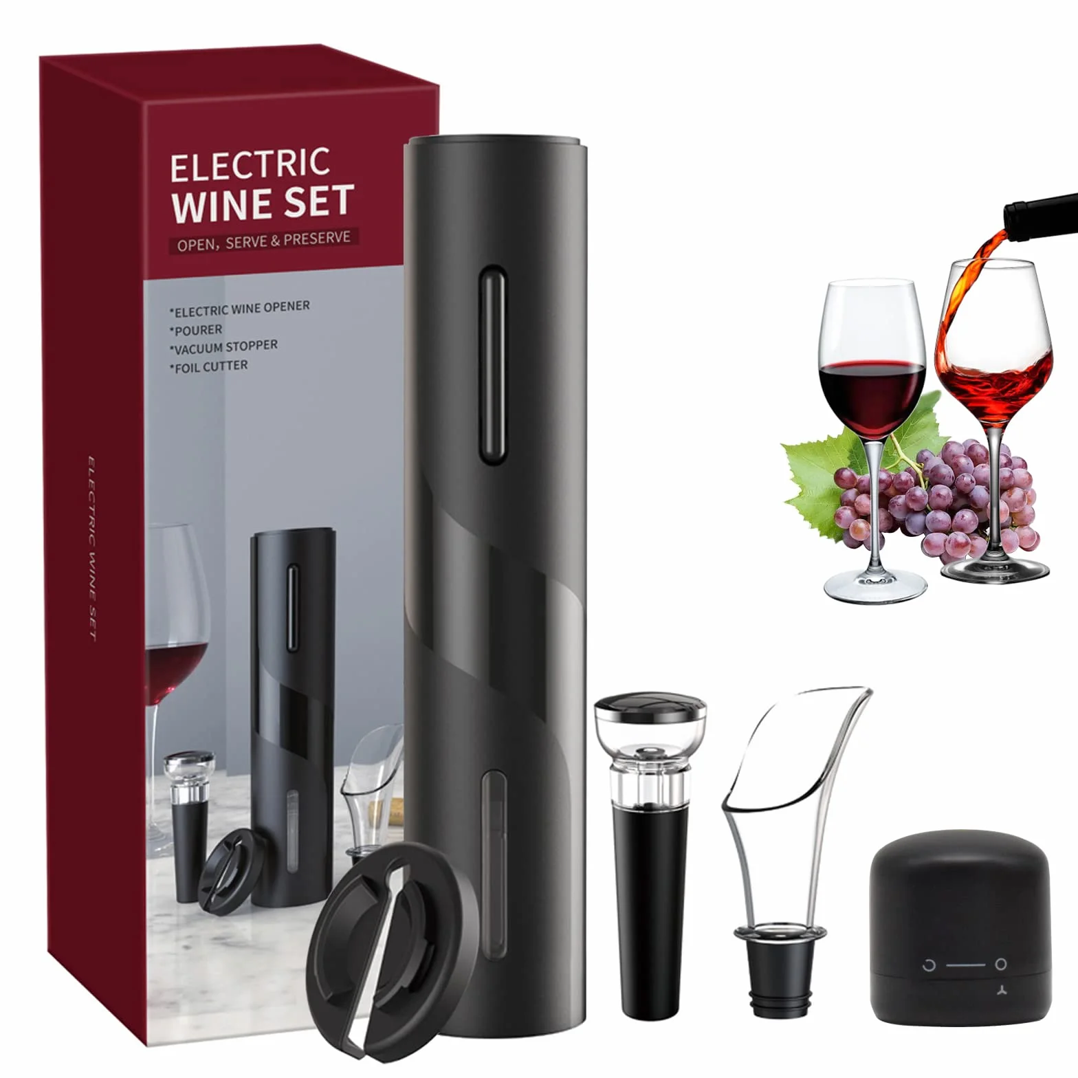 Apribottiglie Elettrico 5 in 1 Set Cavatappi Elettrico a Batteria con Tagliacapsule, Tappo per Bottiglia di Vino, Versatore di Vino