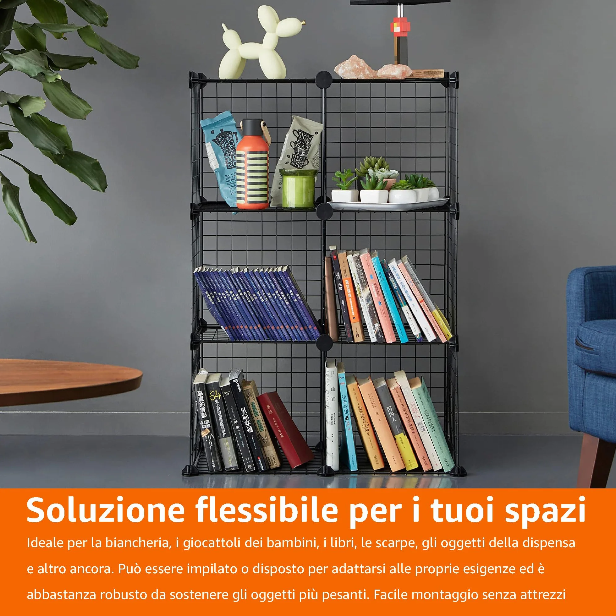 Amazon Basics Scaffali impilabili cubici con griglia metallica, 66 x 32 x 96.5 cm, Nero, 6 Cubi