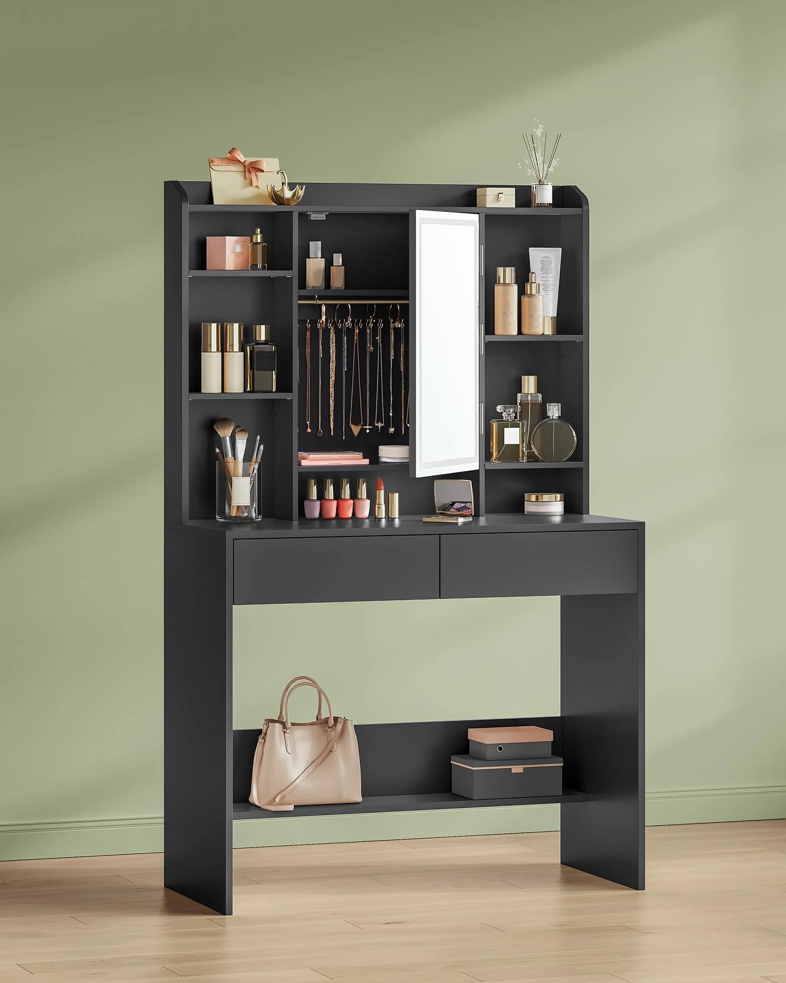VASAGLE KAILYN Collezione - Toeletta con Luci LED 3 Colorazioni con Luminosità Regolabile, Tavolo da Trucco con Specchio, Ripiani Regolabili, 2 Cassetti, Postazione Trucco, Nero Inchiostro RDT123B01