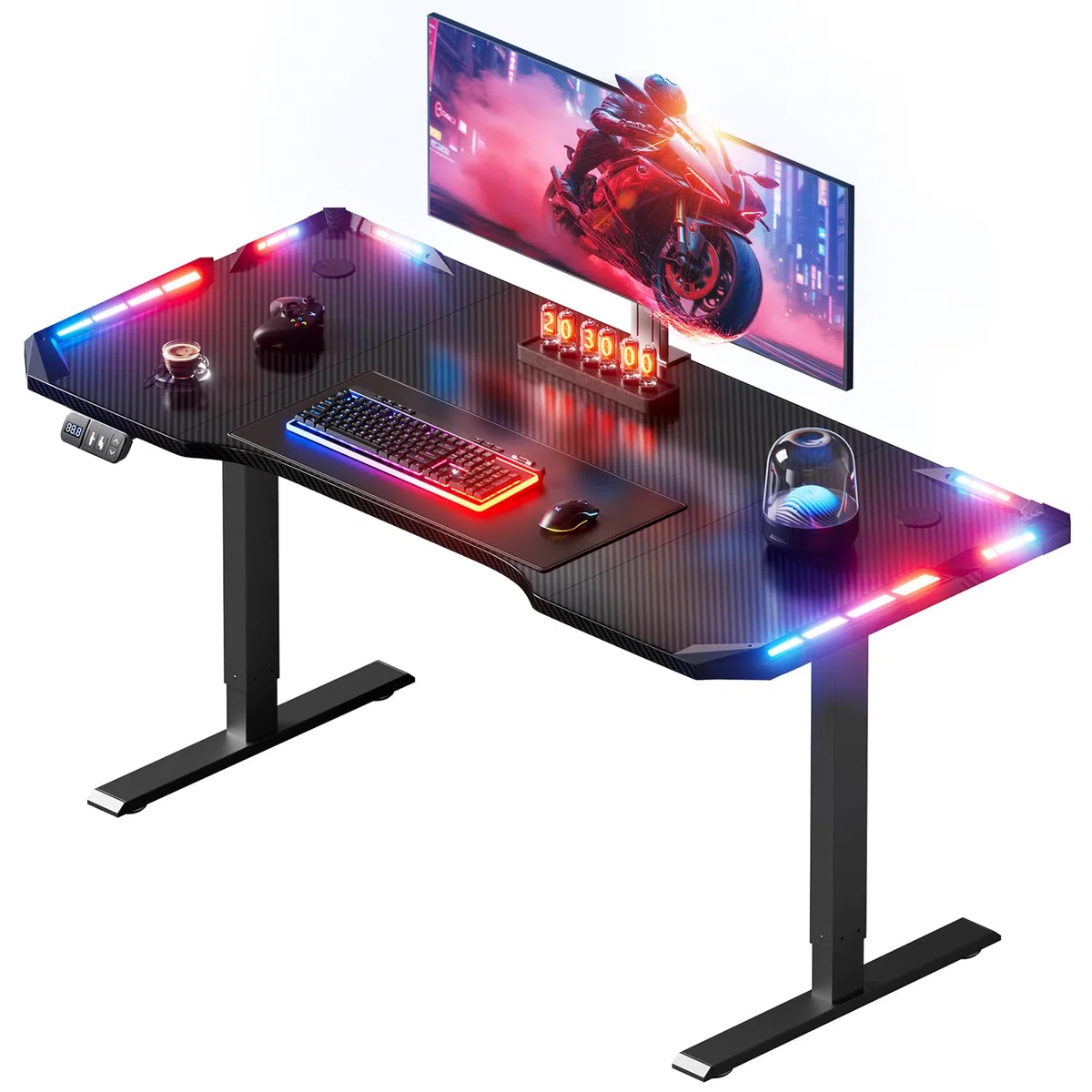 HLFURNIEU Scrivania Gaming LED 120 x 60 cm, Scrivania Regolabile in Altezza, con 2 Controlli Memoria, Altezza Aegolabile, Superficie in Fibra di Carbonio, Facile da Montare, Nero