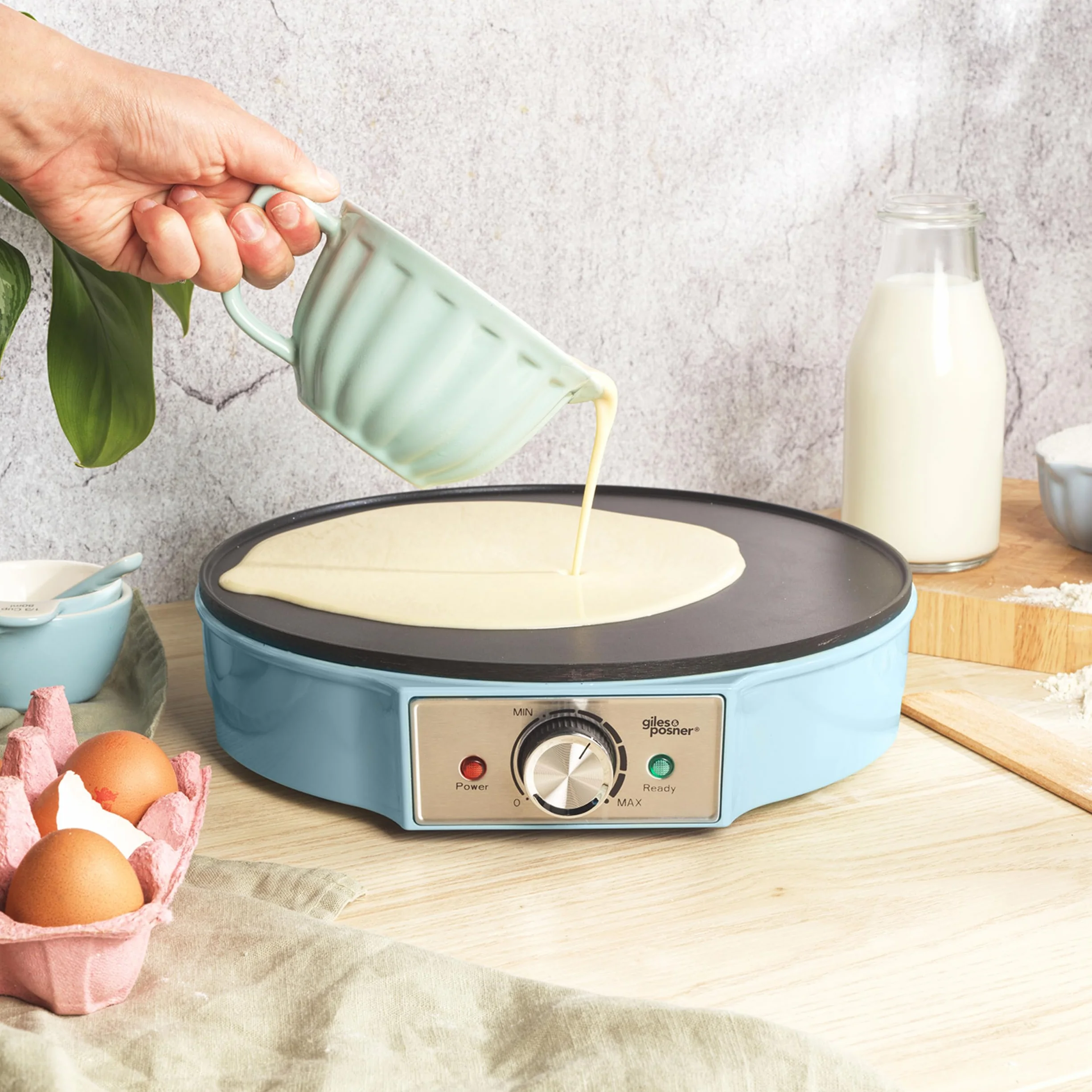 Giles & Posner Crepe Maker Piastra Elettrica Antiaderente 30 cm 1000W Temperatura Regolabile Blu
