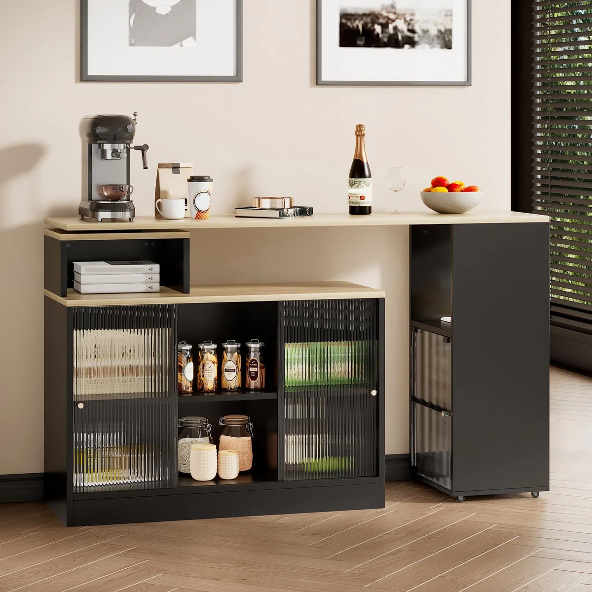 Tavolo da bar allungabile con vano portaoggetti, moderno tavolino girevole da bistrò, funzione credenza, ampio spazio di archiviazione, salvaspazio flessibile per soggiorno, sala da pranzo, cucina