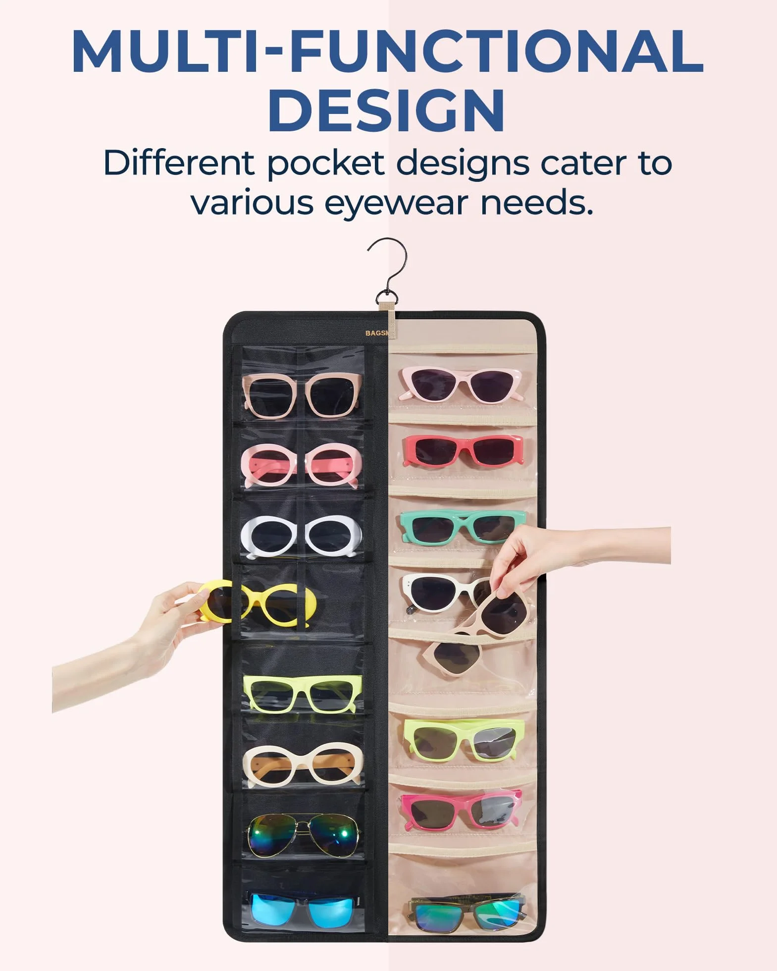 BAGSMART Organizer da appendere per occhiali da sole, custodia antipolvere con 32 scomparti e gancio