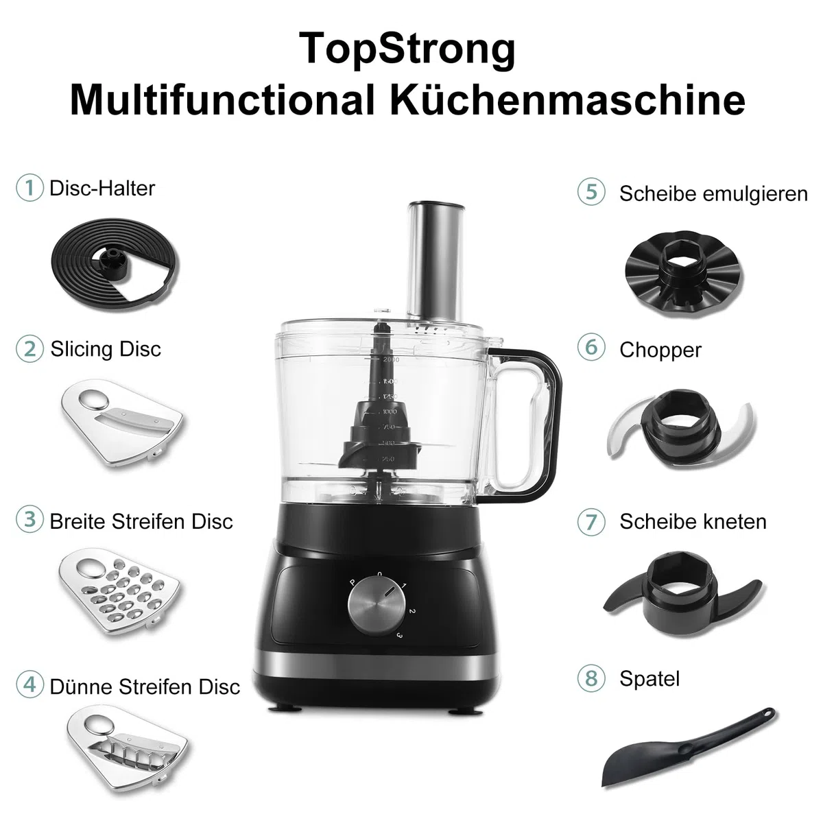 TopStrong Robot da Cucina, 800W Robot da Cucina Multifunzione, 2L Food Processor, 3 velocità Impostazione, con 3 dischi per il taglio a fette, tritatutto, impastatore, frusta,nero