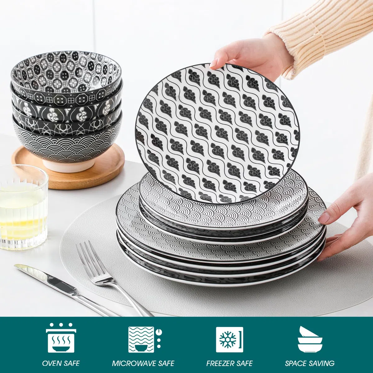 vancasso Haruka, Servizio Piatti Colorati 8 Persone Set 32 Pezzi Stile Giapponese Nero in Porcellana con Piatti frutta, Tazza da Tè, Piatti Piano Scodella Colazione