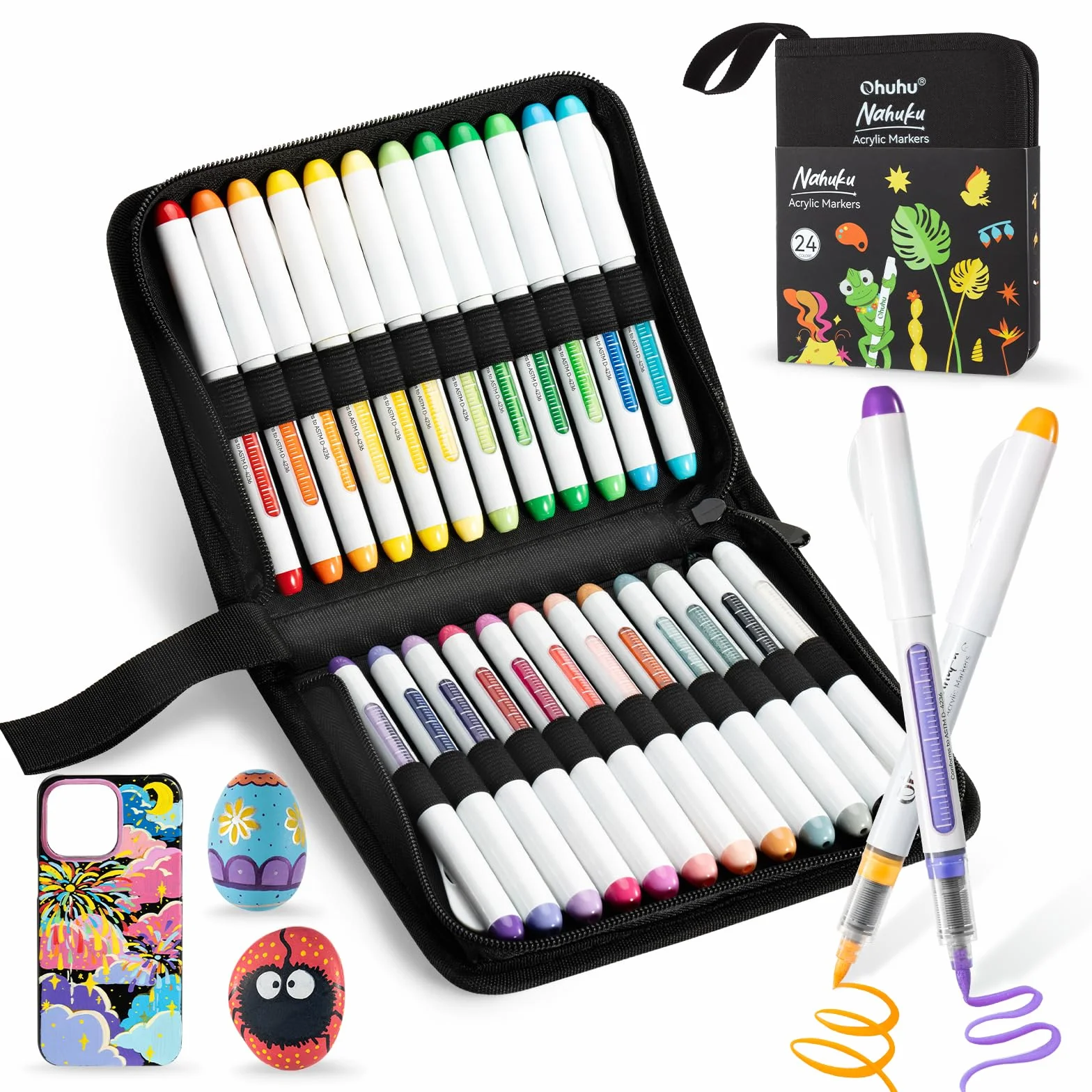 Ohuhu Penne di pittura acrilica 24 colori, 1.5MM punte pennello marcatori acrilici impermeabili per tela vetro ceramica