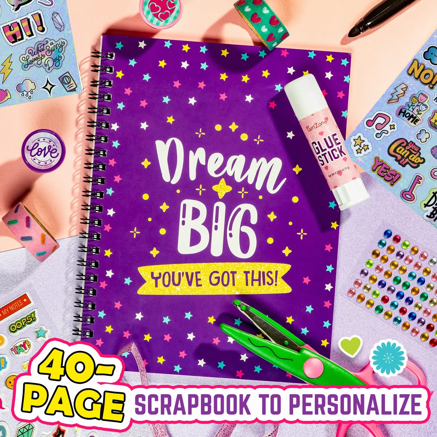 GirlZone Kit per Scrapbook Definitivo, Include Adesivi, Stickers e Altri Accessori, Album Scrapbooking Fotografico da 40 Pagine Fai da Te, Fantastica Idea Regalo Compleanno Bambini