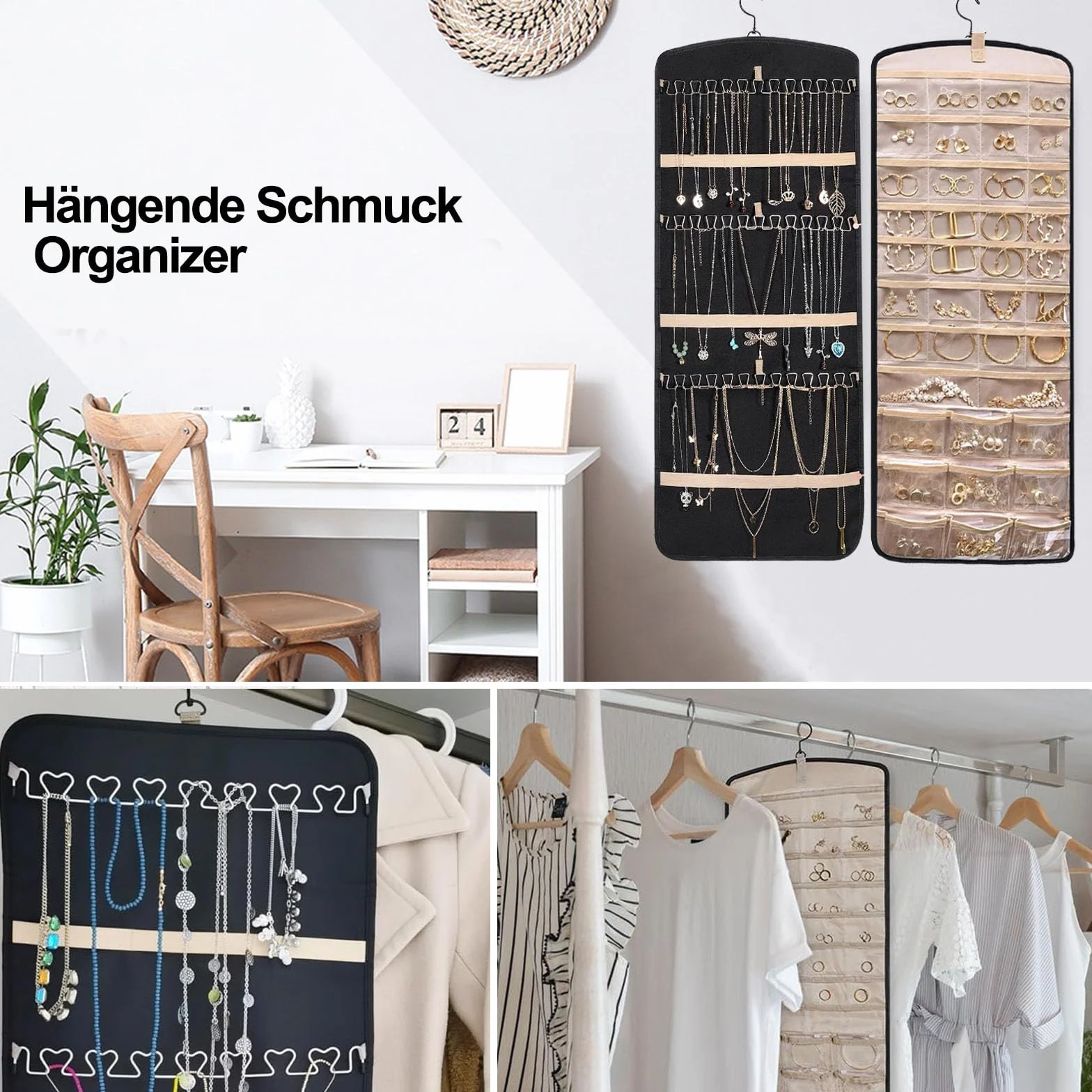 Hanging Jewelry Organizer per Armadio con 39 Scomparti e 3 Ganci Rosa