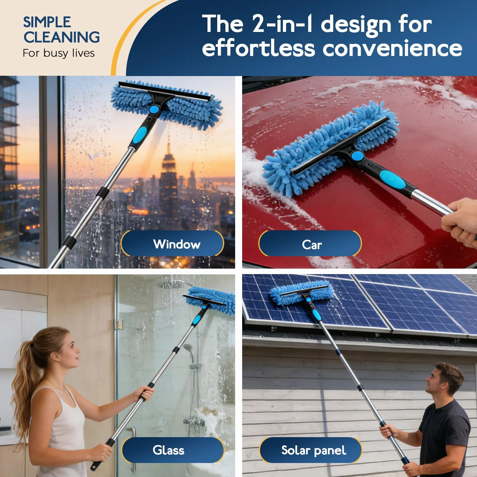 Kit Pulizia Vetri Telescopico 2-in-1 fino a 180 cm,Set Professionale con Racleta in Silicone,Paños in Microfibra,Manico Estensibile per Finestre Alte,Vetro,Doccia,Specchi & Auto