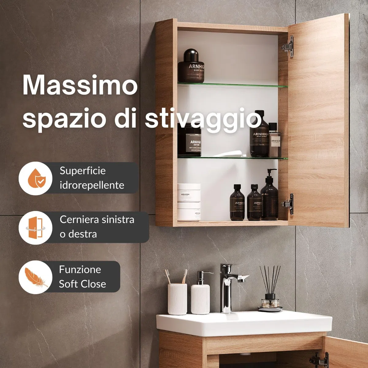 Planetmöbel Lavabo con mobile sottolavabo 50 cm incl. armadio a specchio 50 cm, set di mobili da bagno con lavabo, sospeso, rovere sonoma