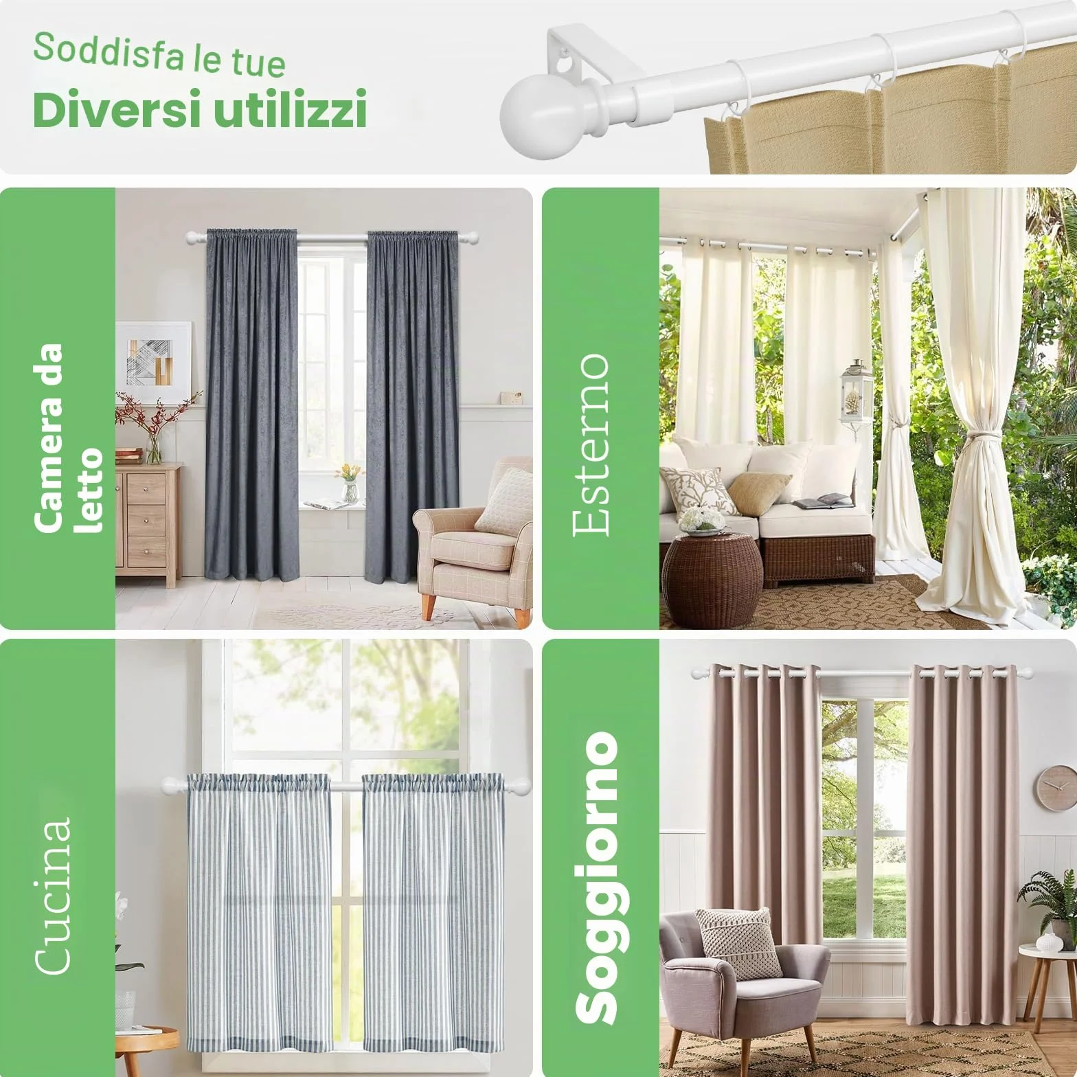 Bastone tenda 3 metri bianco metallo regolabile 5/8 diametro 80-300 cm set con staffa