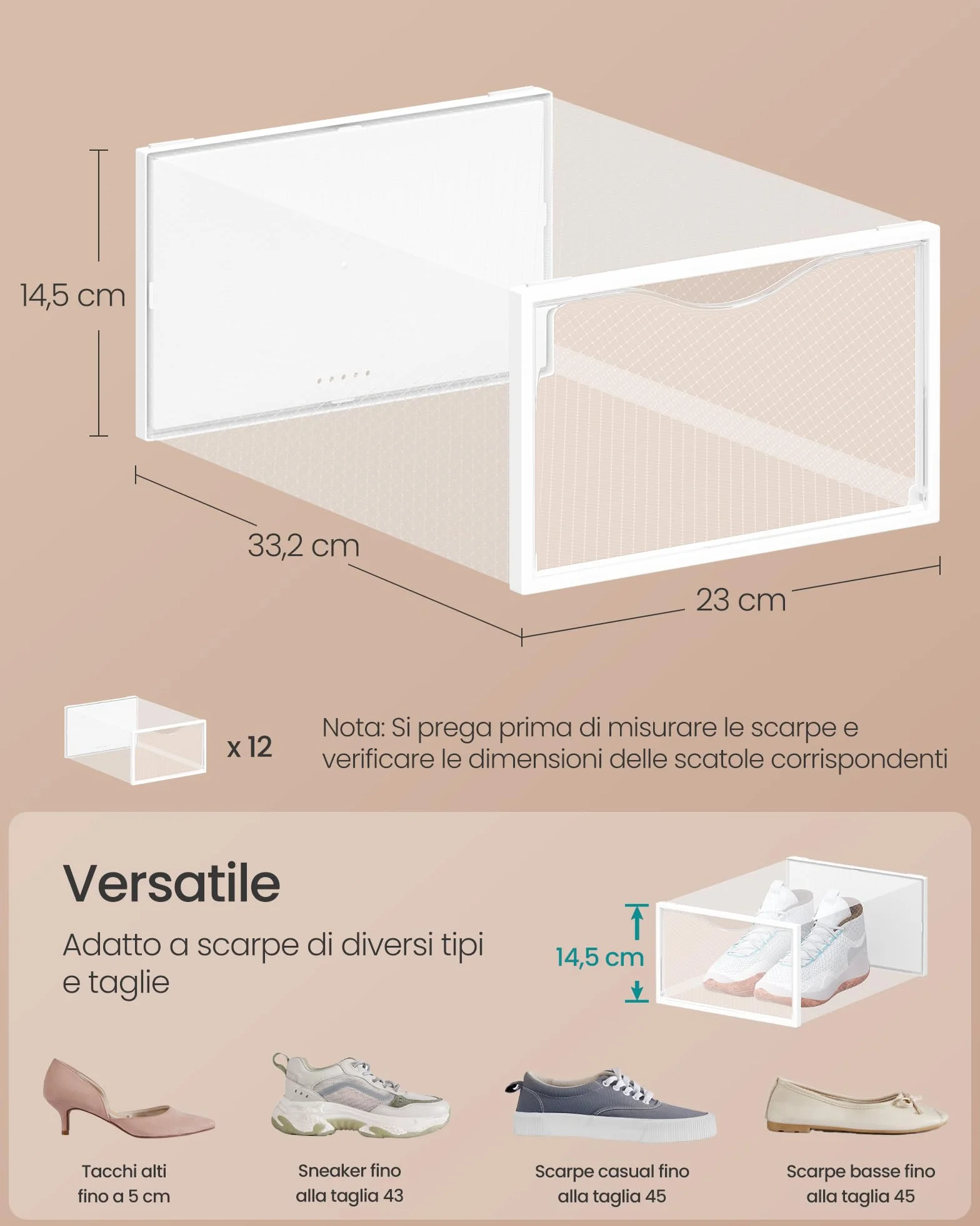 SONGMICS Scatole Contenitori per Scarpe in Plastica Trasparenti 12 Pezzi 33,2 x 23 x 14,5 cm Impilabili