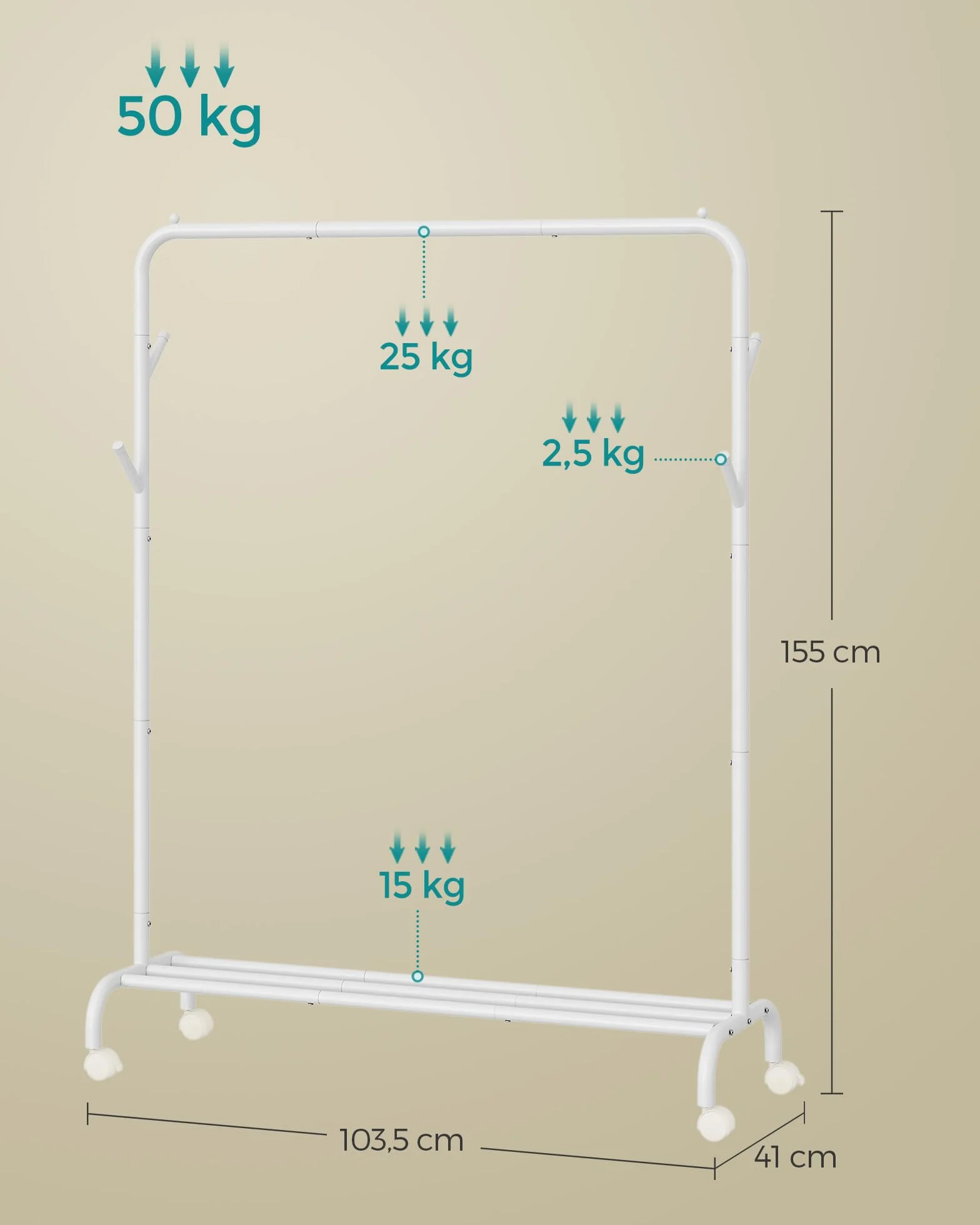 SONGMICS Appendiabiti singolo, struttura in metallo resistente, con ruote e ripiano, portata massima 50 kg, larghezza 103,5 cm, colore: bianco nuvola HSR131W01