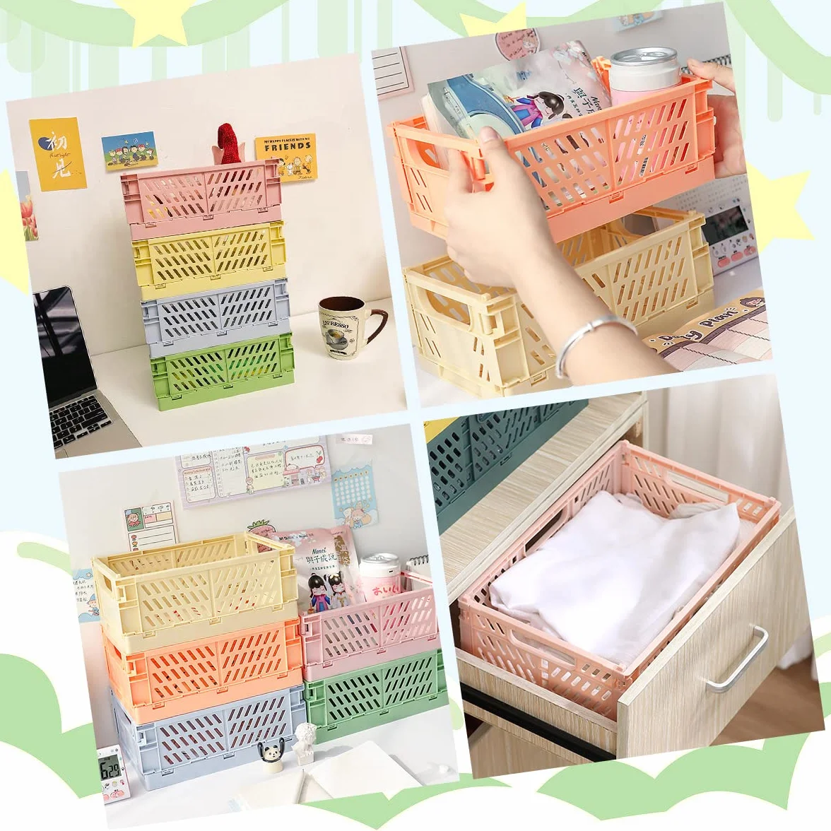 Cassetta Plastica Pieghevole 25x16x10cm Impilabile Portaoggetti Multicolore