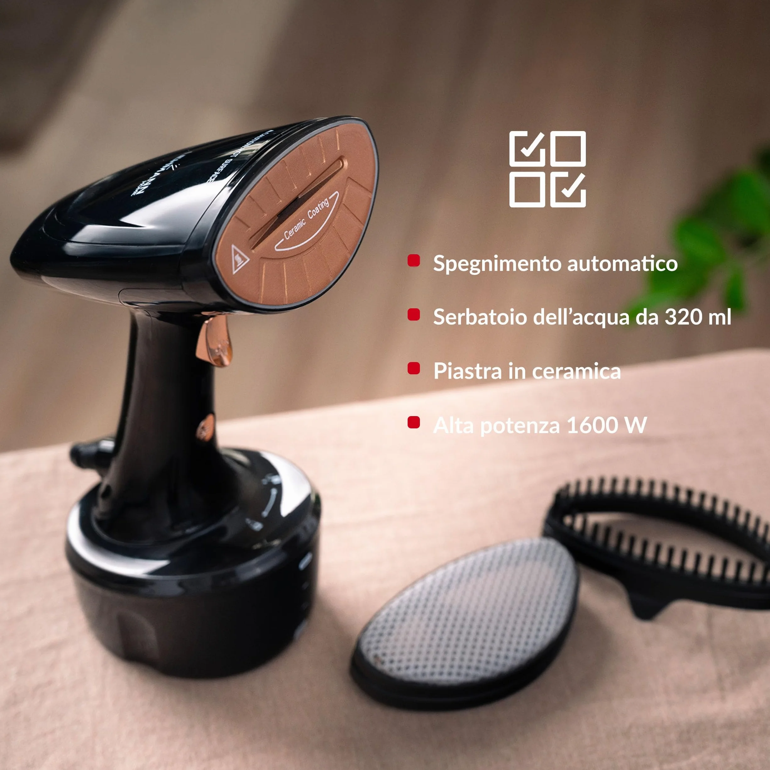 LEHMANN Stiratore Verticale 1600W 25 g/min Vapore Serbatoio 320ml Riscaldamento Rapido 2 Accessori Nero Rosa Oro