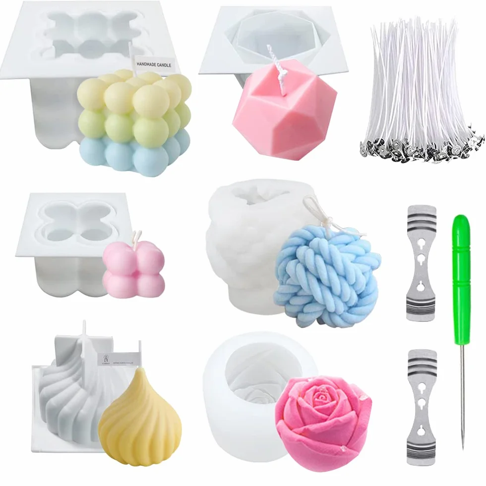 Stampi in Silicone Rosa per Candele Cubo a Bolle 3D, Set da 6 con 100 Stoppini e Porta Stoppino