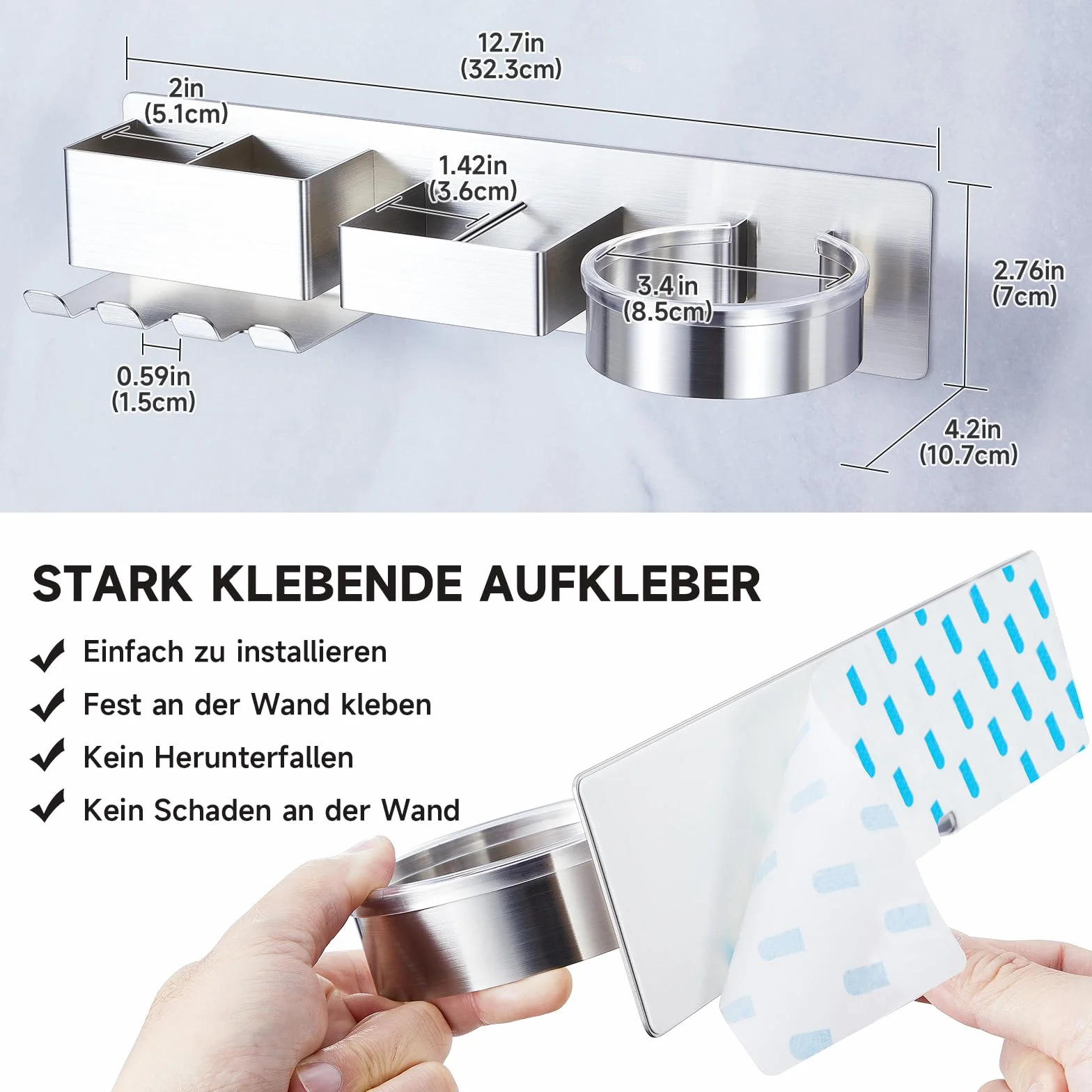 YYBO Porta Phon e Piastra Adesivo, Porta Phone Bagno da Muro, Porta Asciugacapelli Senza Foratura, Porta Piastra per Capelli, Supporto asciugacapelli per Barbiere e Hotel (Argento)