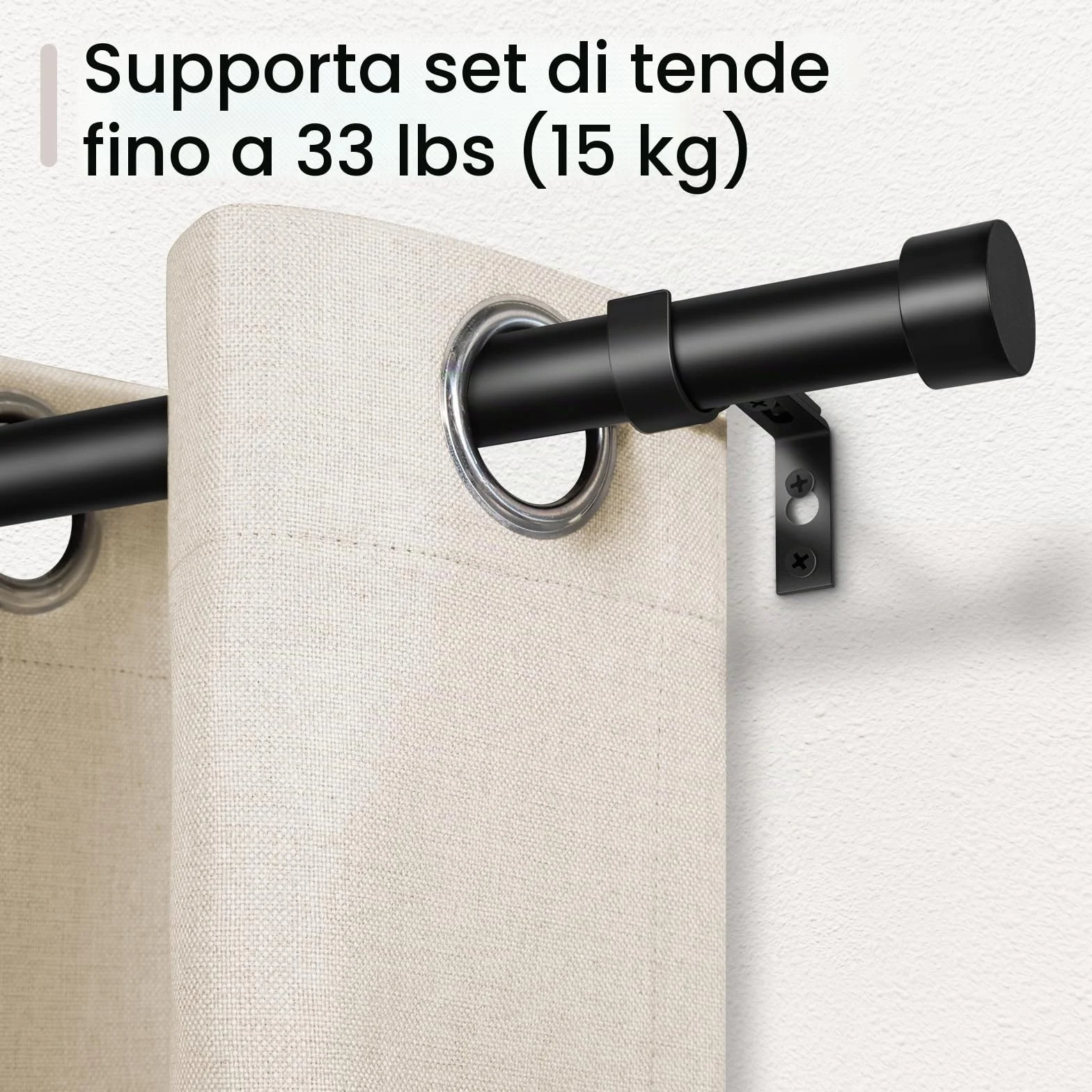 Bastone per Tende Nero, 80-183 cm Regolabile, Asta Estensibile con Terminali a Cilindro e Staffe