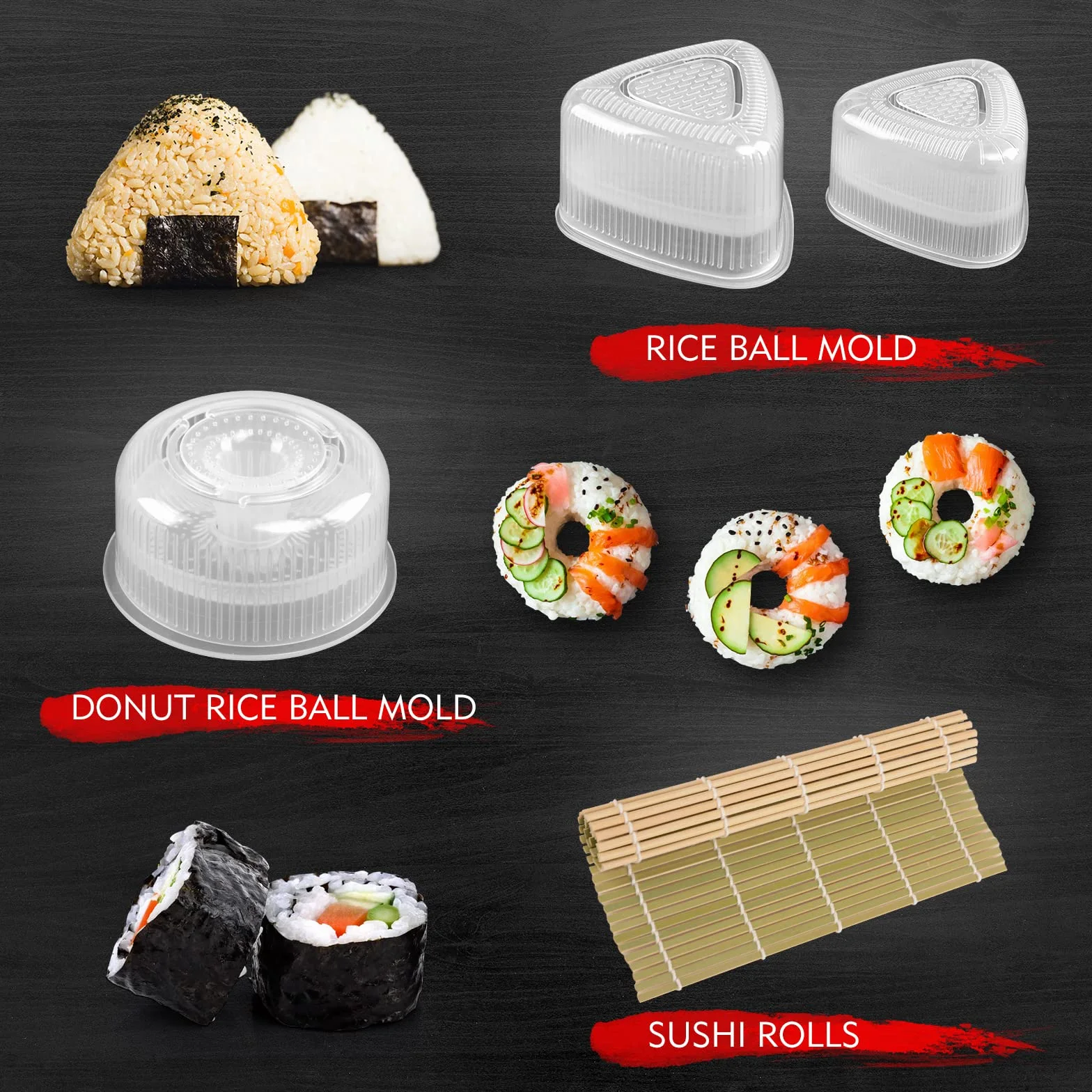 Kit sushi set 20 pezzi, adatto ai principianti da preparare da soli, con stampo per polpette di riso, coltello, tappetino per rotolare, bacchette, set completo Piatti da sushi (Nero)