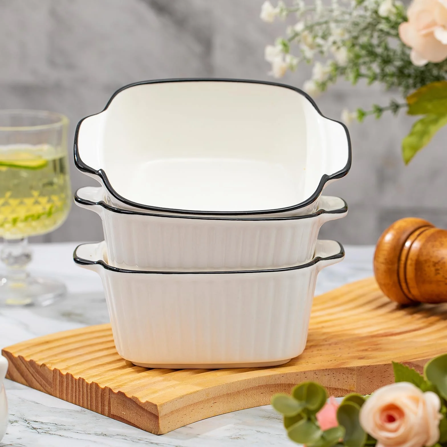 Teglia da forno piccola, in ceramica, set da 4 pezzi, pirottini quadrati, stampi da forno con manici in ceramica, piccolo forno, per lasagne, tiramisù, stampo da forno (stile B)