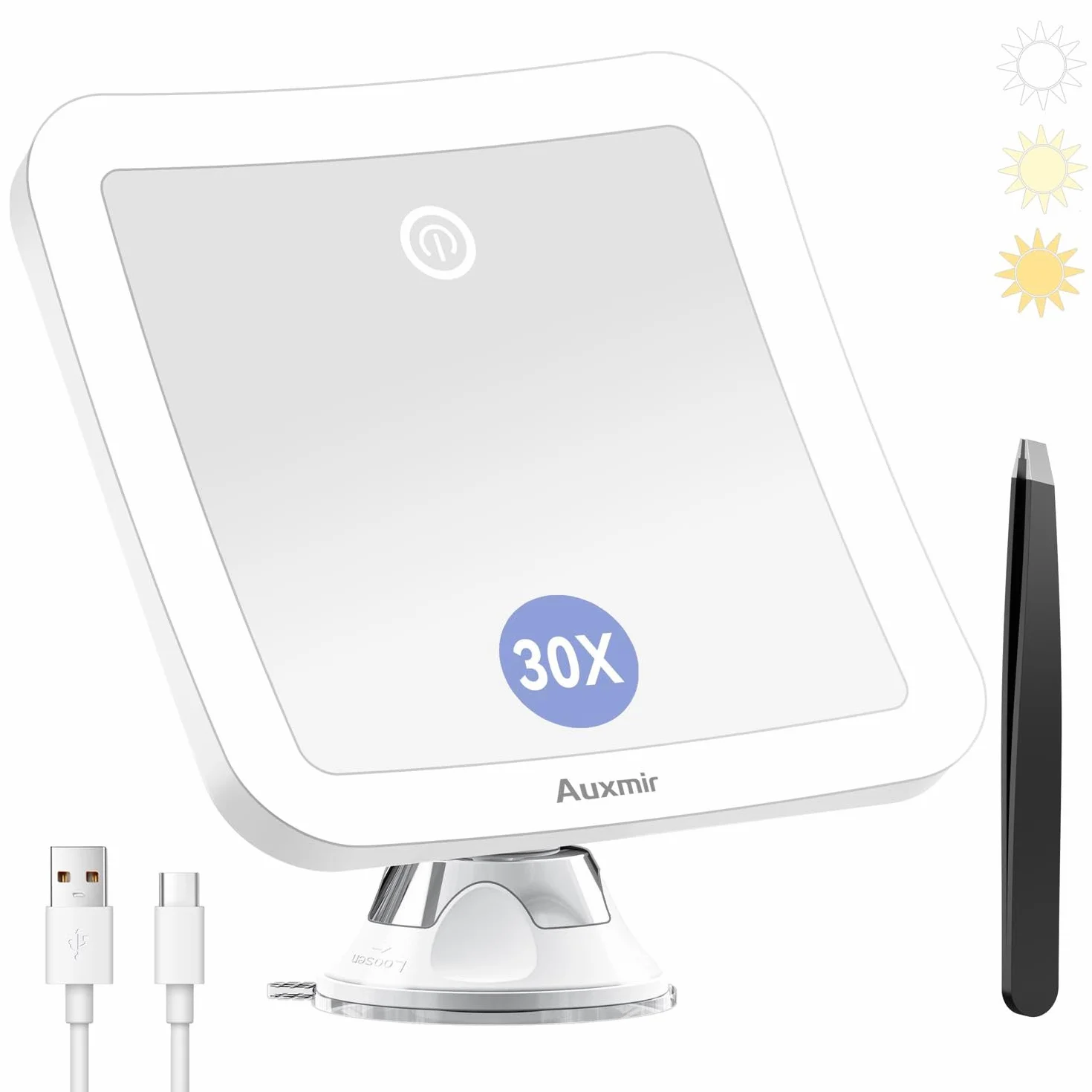 Auxmir Specchio Ingranditore 30X Ricaricabile, Specchio Trucco con 3 Colori di Luce LED, Luminosità Regolabile Ventosa Potente, Specchio Cosmetico da Bagno