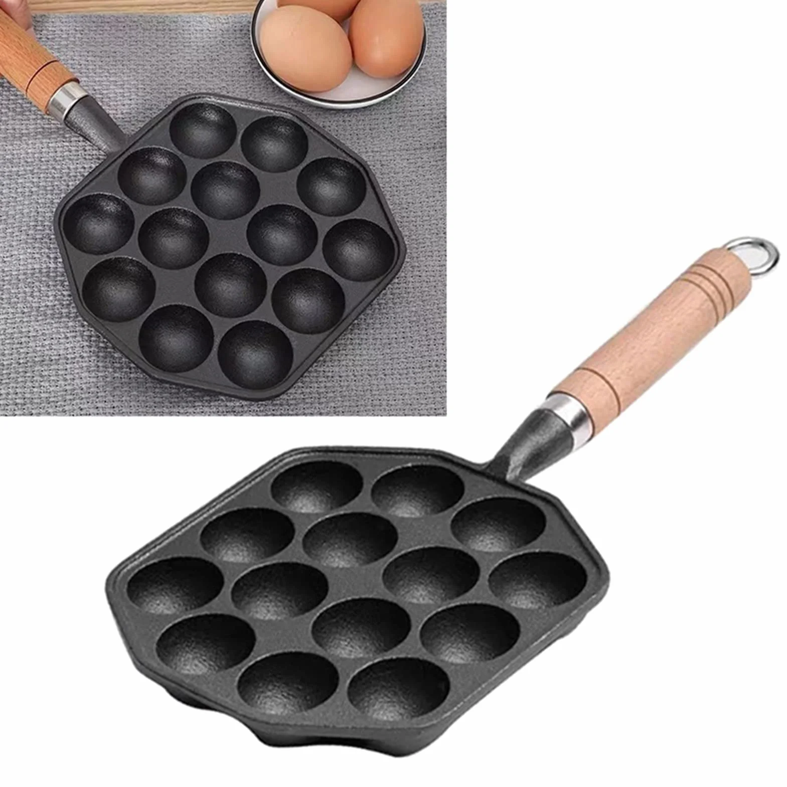 Palline di Polpo 14 Fori Padella Antiaderente Ghisa Manico Staccabile Stampi da Cucina