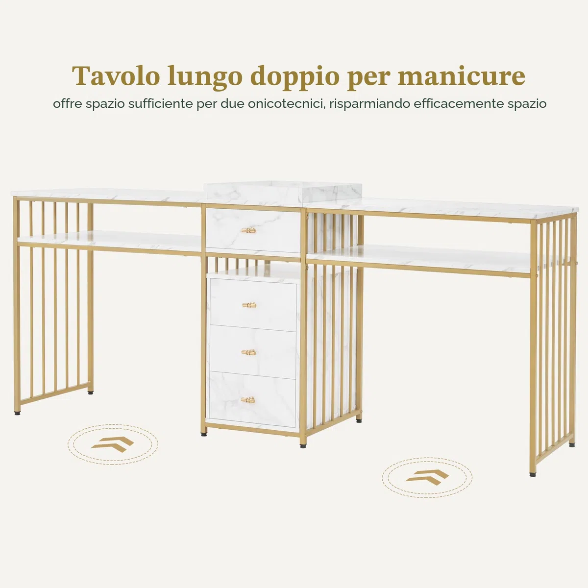 MCombo M tavolo per unghie doppio con cassetti, scrivania con ripiano, tavolo per manicure, toletta senza specchio soggiorno moderno, marmo-bianco-oro, 50 x 200 x 86cm, 2413