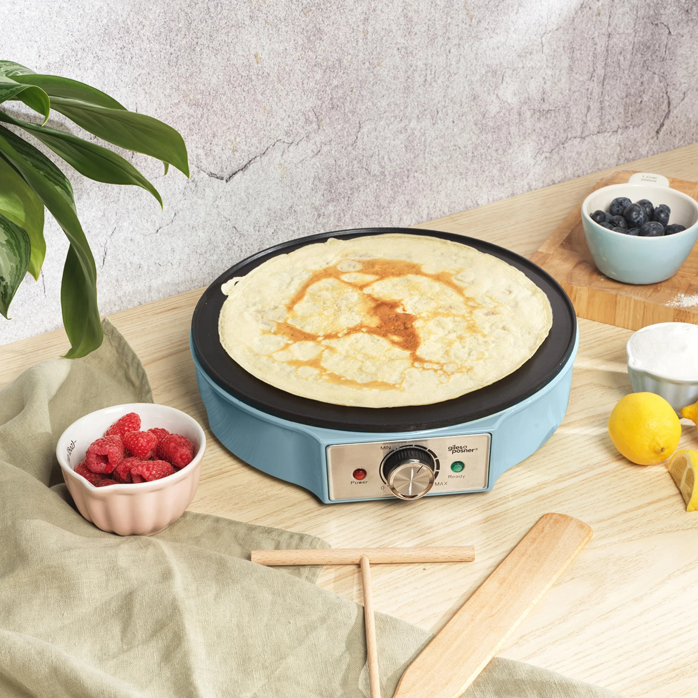 Giles & Posner Crepe Maker Piastra Elettrica Antiaderente 30 cm 1000W Temperatura Regolabile Blu