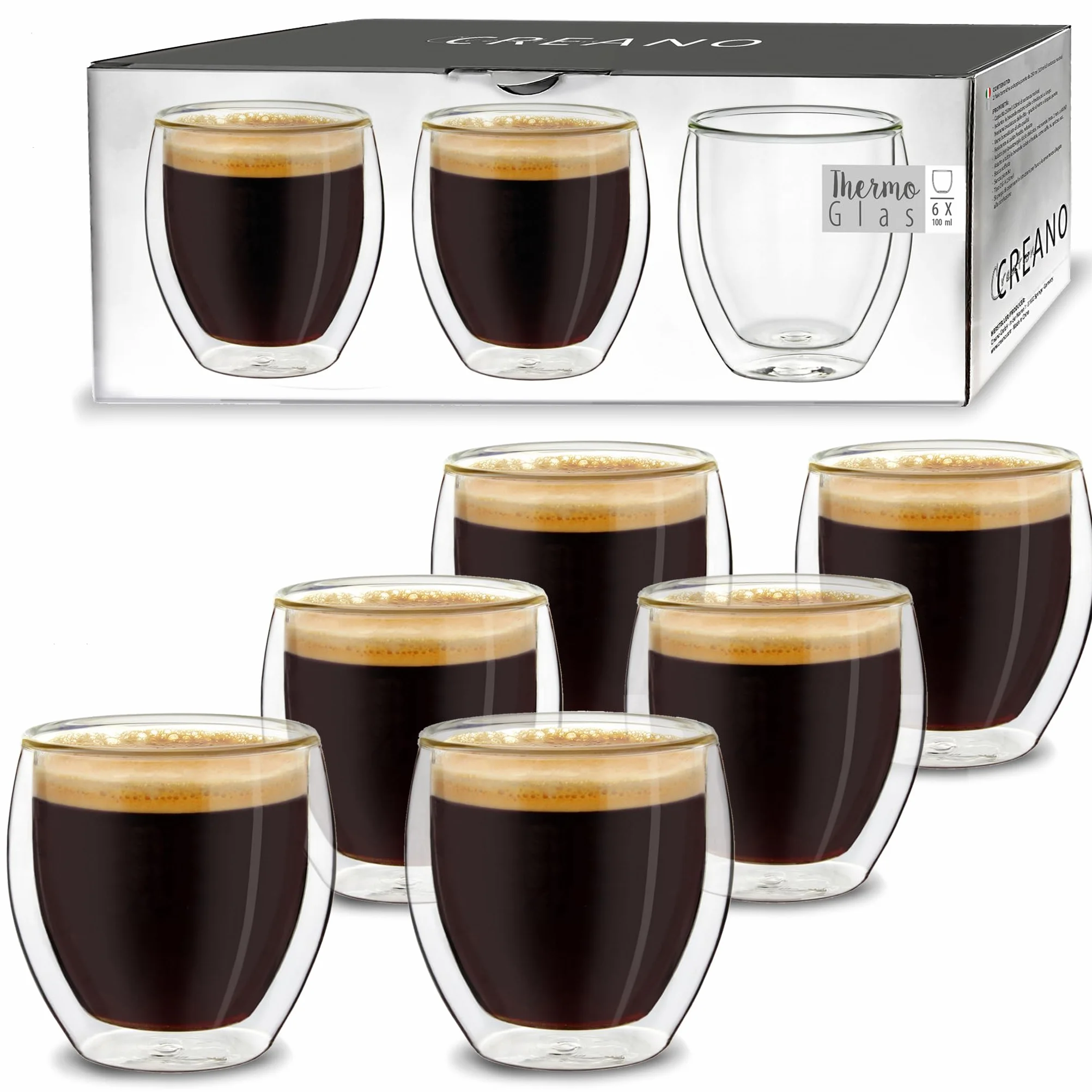 Set 6 Tazze Espresso 100ml Doppia Parete Vetro Borosilicato Effetto Galleggiante Bicchieri Termici Isolanti Regalo Premium