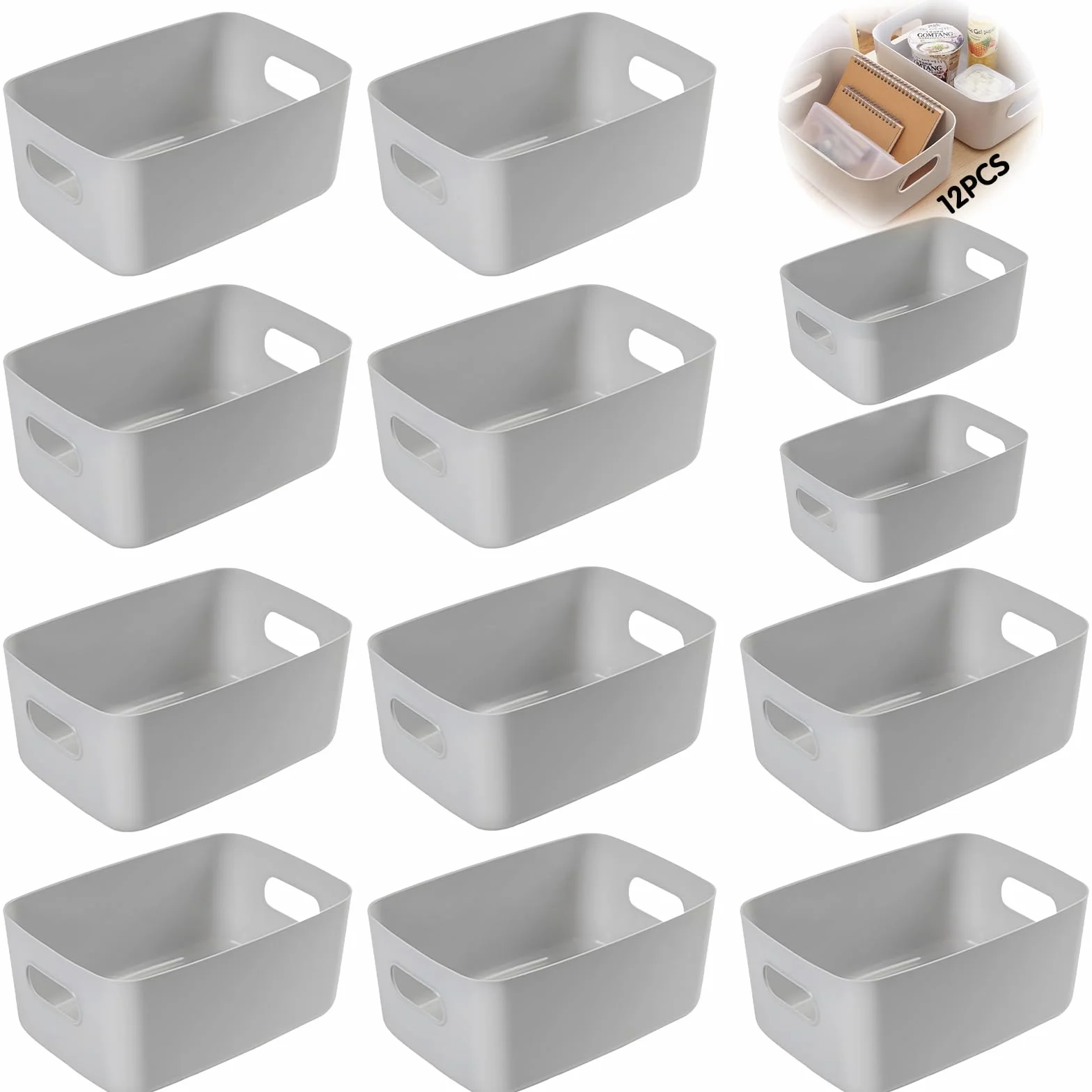 Cestini Portaoggetti Plastica con Manici 12 Pezzi per Bagno Cucina Armadio Grigio