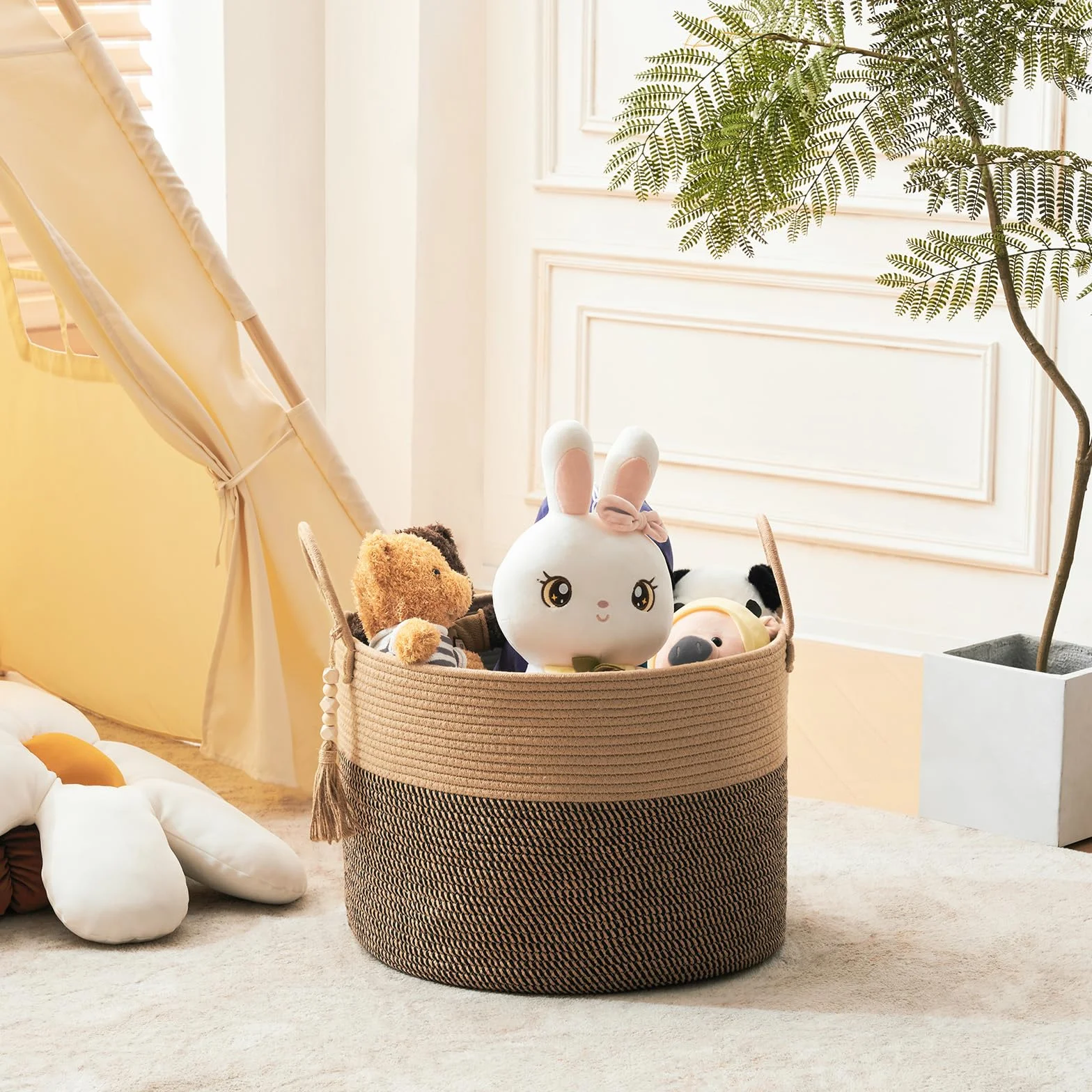 YOUDENOVA Cesto portabiancheria in legno con perline decorative, cestino portaoggetti per bambini, cesto per coperte in corda di cotone grande