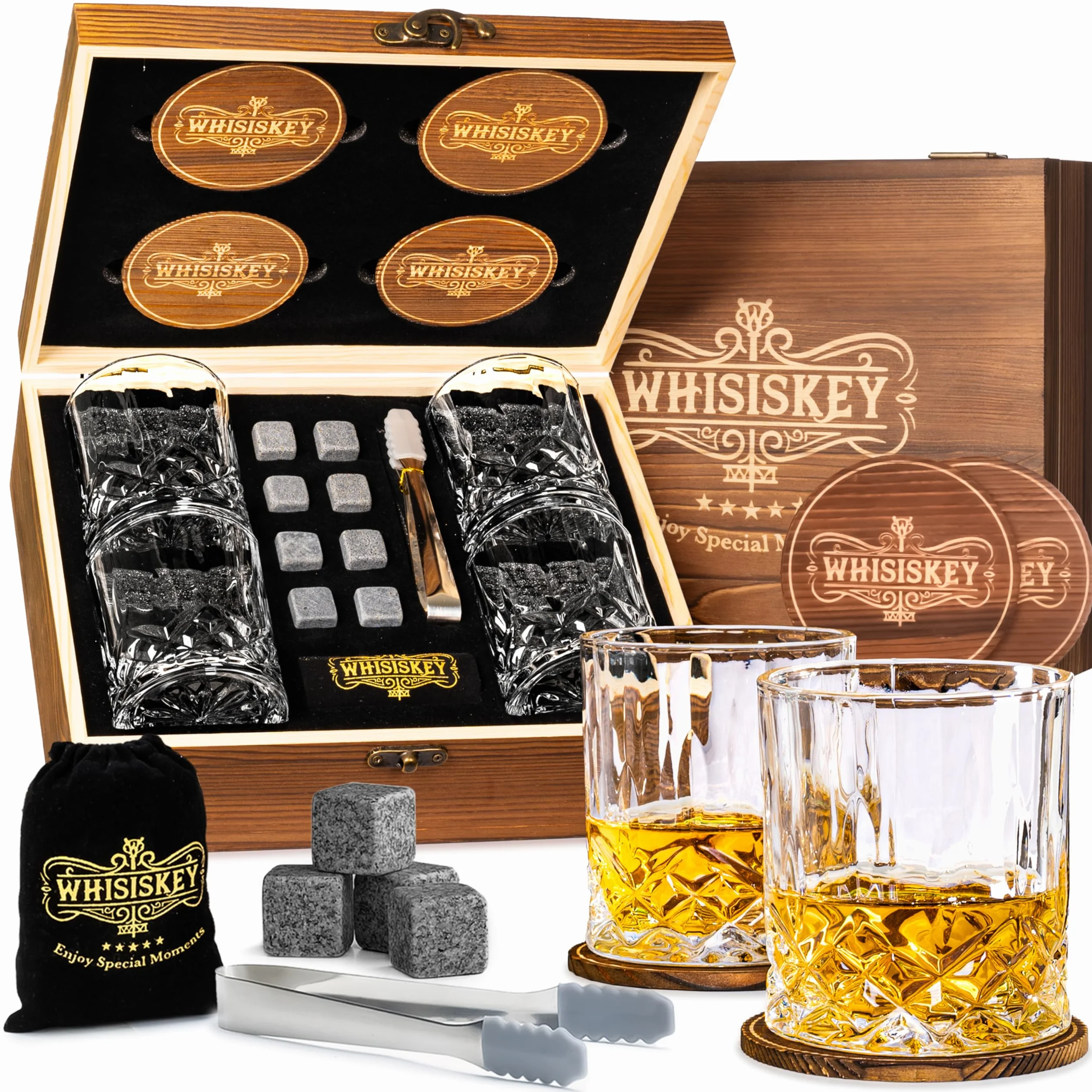 Set di bicchieri da whisky – 4 bicchieri rum, 8 pietre per whisky – regalo per uomo