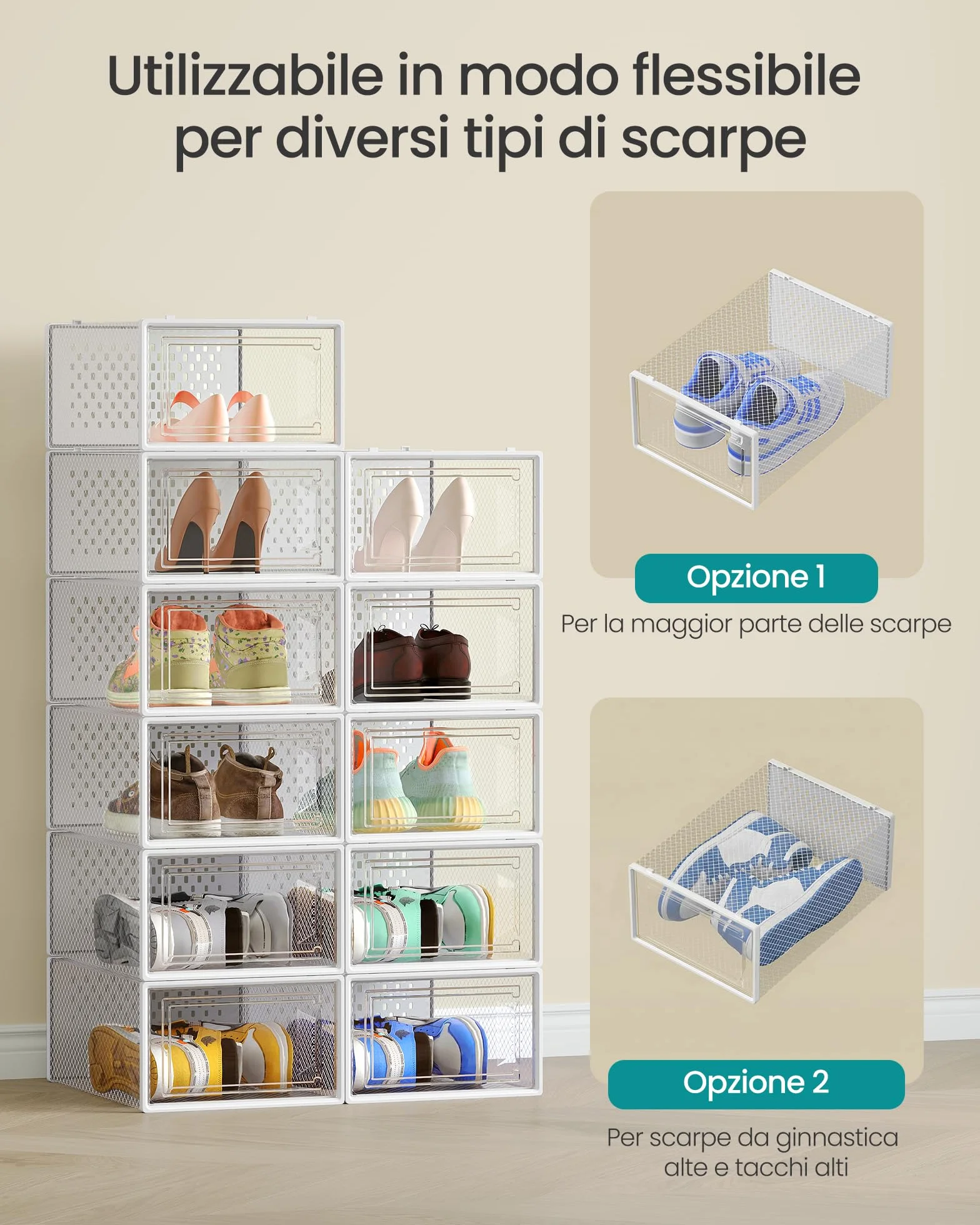 SONGMICS Scatole per Scarpe Pieghevoli e Impilabili Set di 12 Trasparente Bianco Nuvola LSP066W12