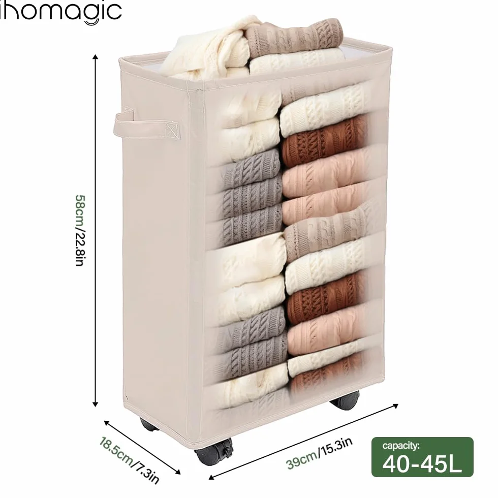 Cesto della Biancheria con Ruote 40L - Cesta Portabiancheria Pieghevole Rettangolare Beige