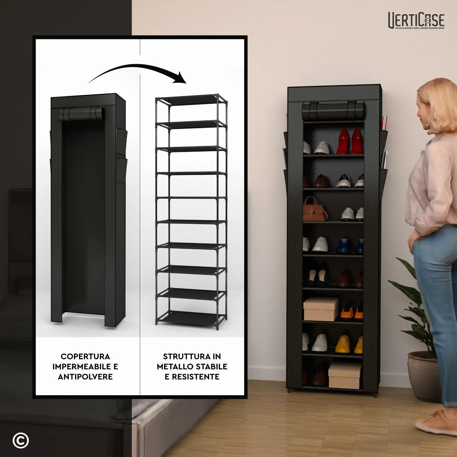 Scarpiera Slim Salvaspazio 10 Ripiani Tessuto Impermeabile Nera 45x175x28cm Scaffale Scarpe Verticale