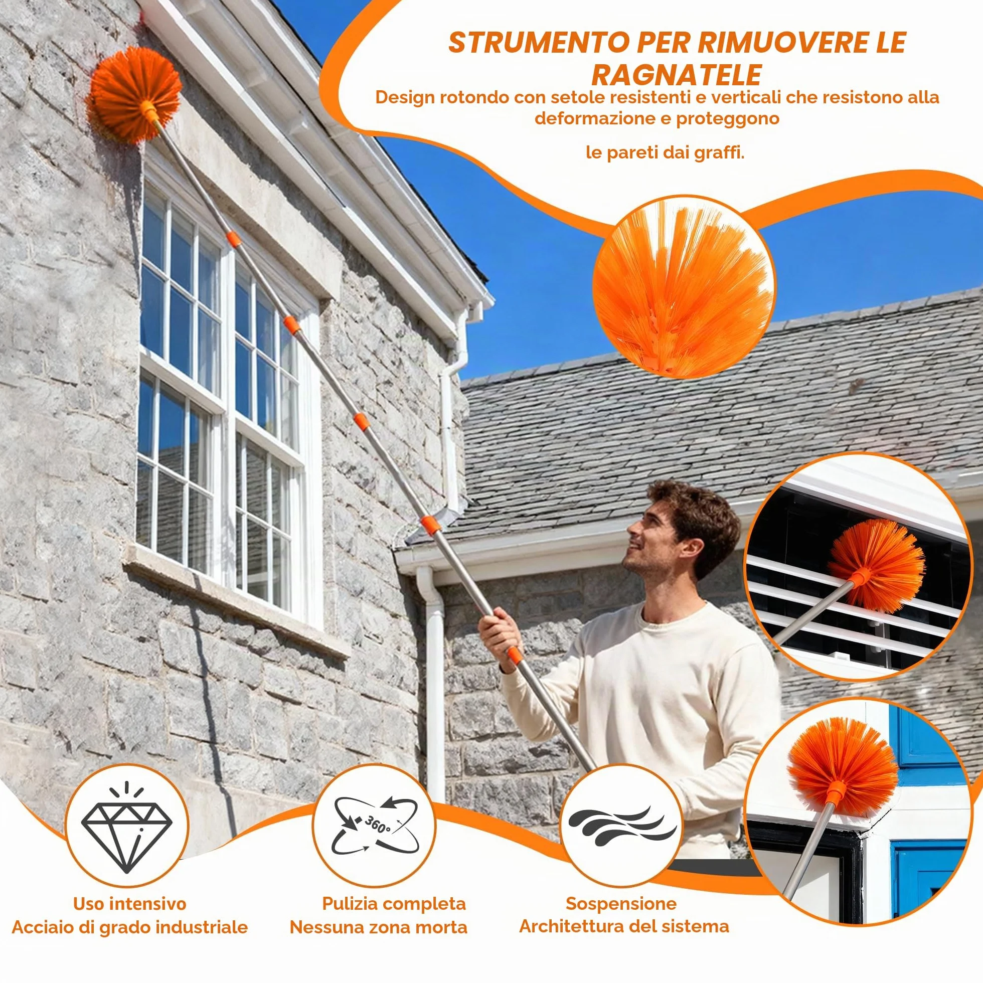 Spolverino Telescopico da 6 m, Strumento di Pulizia con Manico Estensibile (da 1,5 a 4,9 m), Panni per Spolverare Flessibili Riutilizzabili, Adatto per Interni ed Esterni