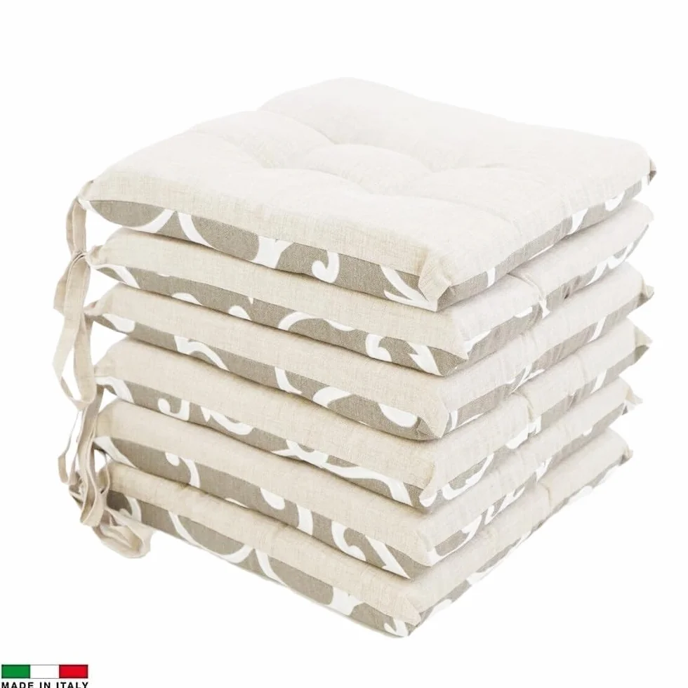 VIRSUS Set 6 Cuscini per Sedie a 4 Punti 40x40 cm, Coprisedia da Cucina con Lacci, Imbottitura Poliestere e Rivestimento Cotone, Made in Italy Beige Fantasia