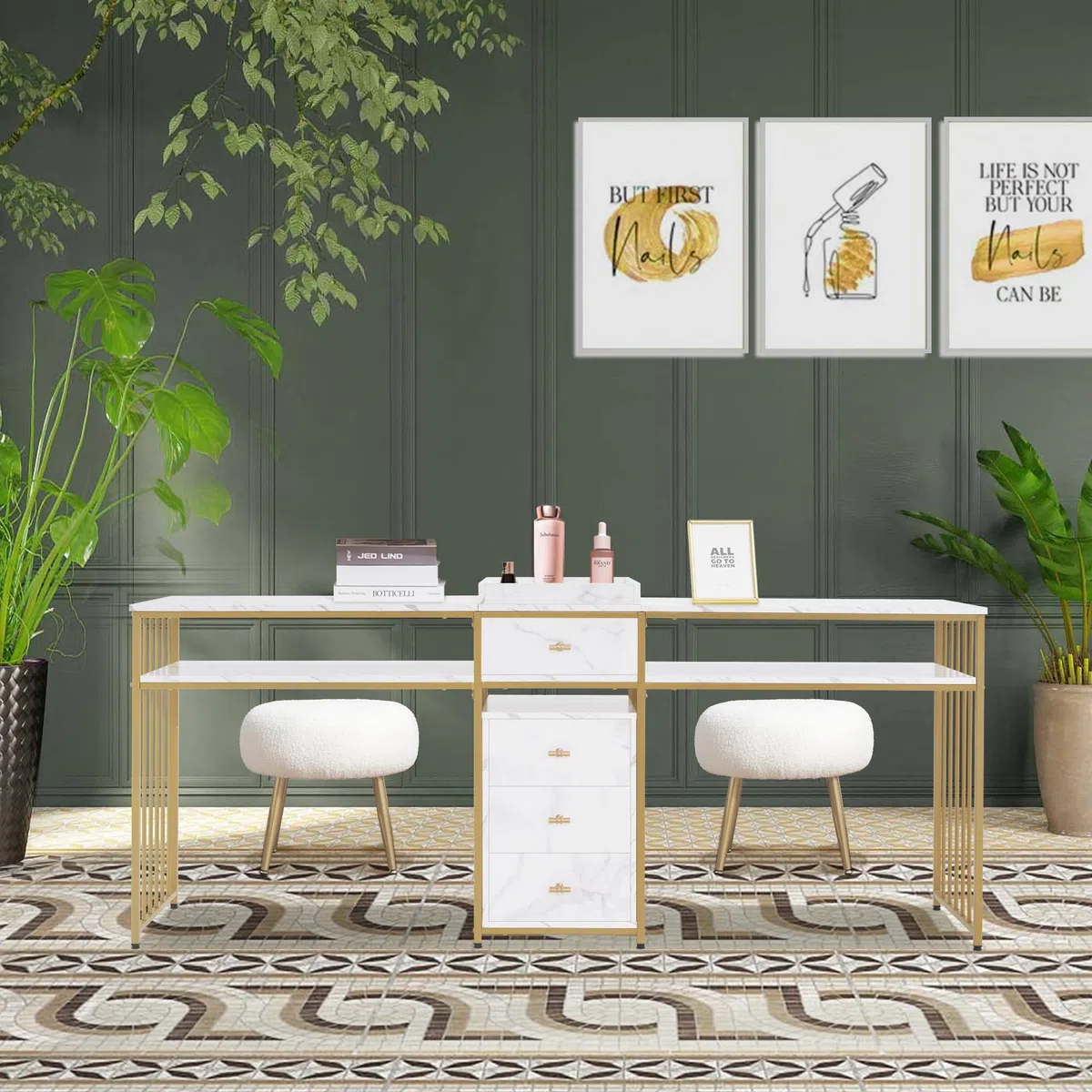 MCombo M tavolo per unghie doppio con cassetti, scrivania con ripiano, tavolo per manicure, toletta senza specchio soggiorno moderno, marmo-bianco-oro, 50 x 200 x 86cm, 2413