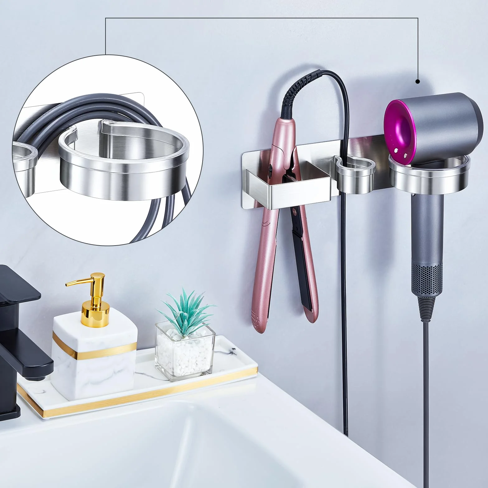 Porta Phone Bagno Da Muro, 3 in 1 Supporto per Phon, Piastra e Ferro Arricciacapelli, Porta Asciugacapelli, porta phon e Piastra Adesivo, Supporto Phon per Camere da Letto