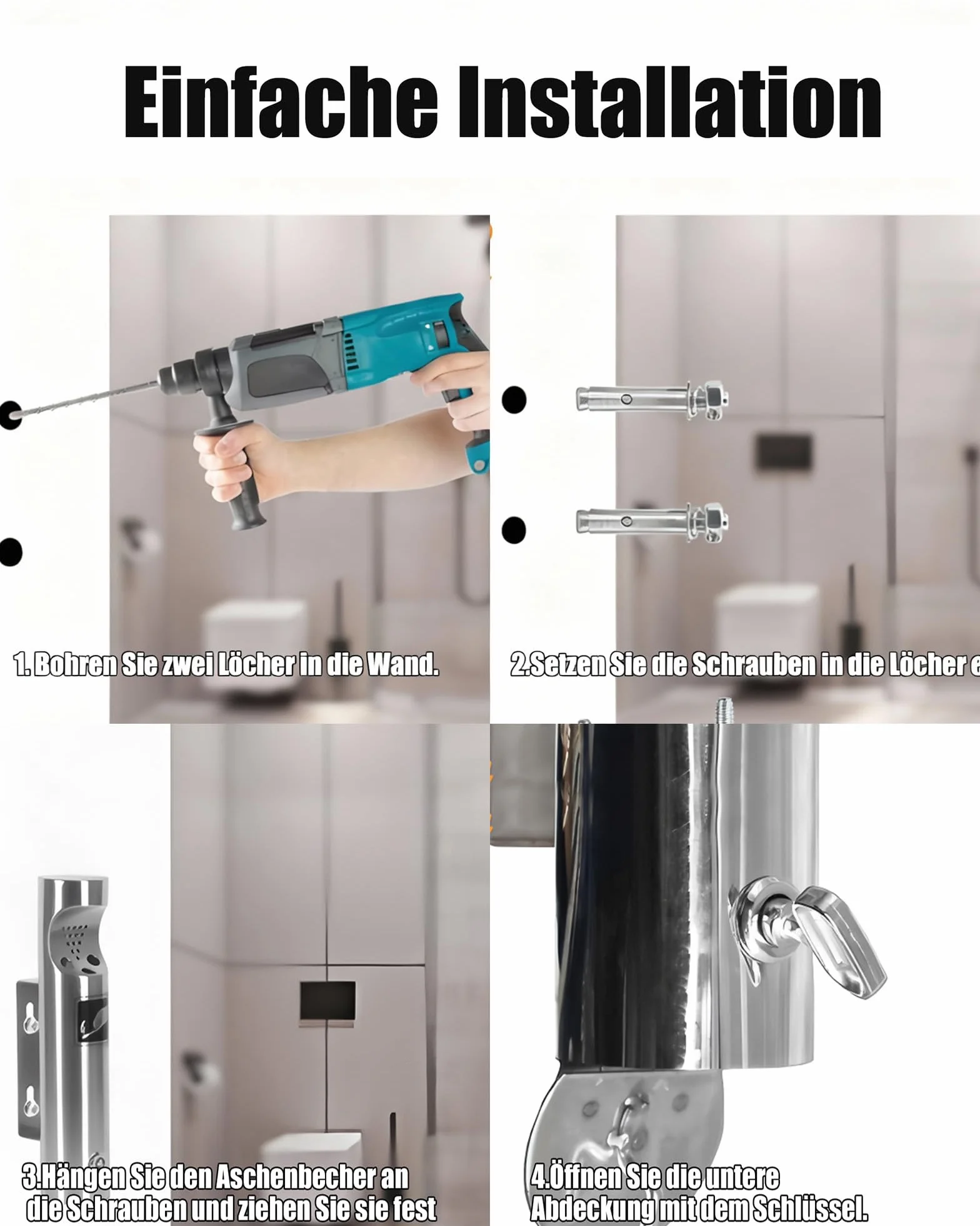 Posacenere da parete in acciaio inox per esterni, set con chiave
