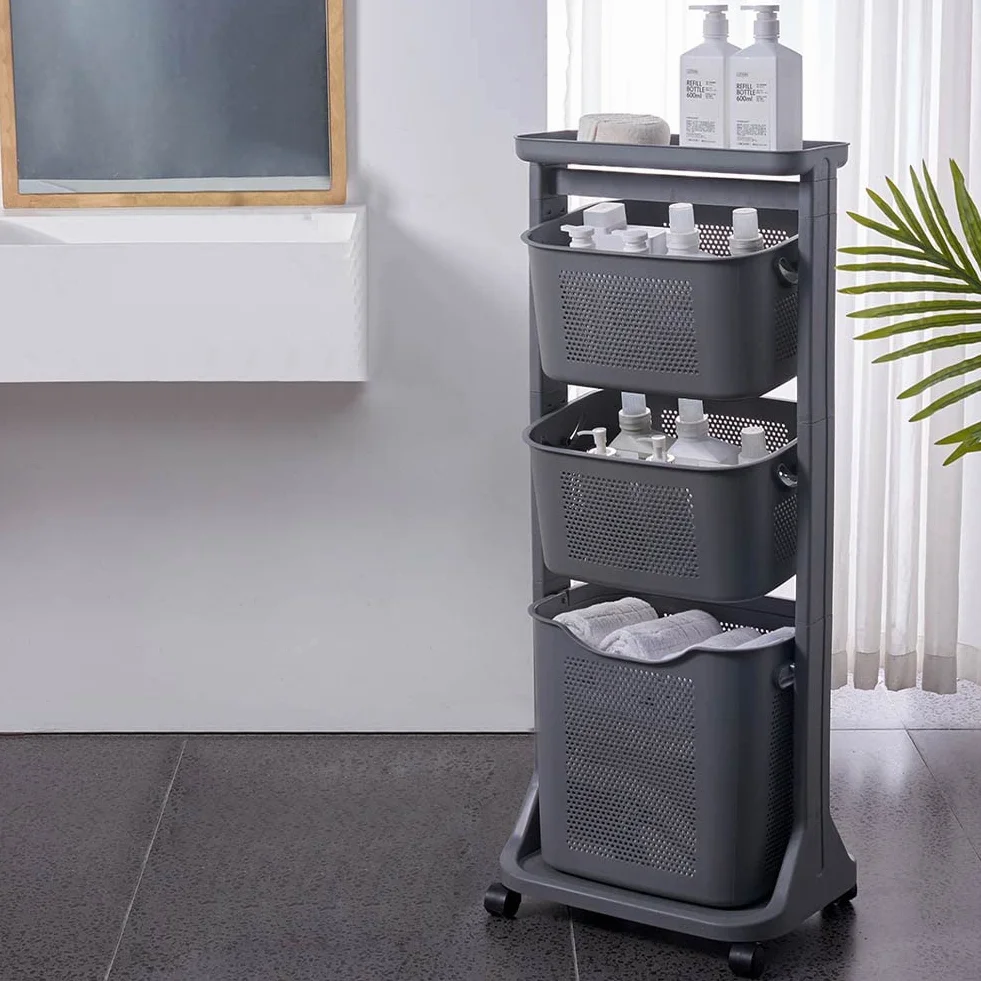 Shally Dogan Carrello Portabiancheria 3 Ripiani Multifunzione, 3 Litri di Capienza, Carrellino Salvaspazio, 1 Cesta Estraibile e 2 Cestelli Basculanti, 4 Ruote Girevoli a 360° (Grigio)