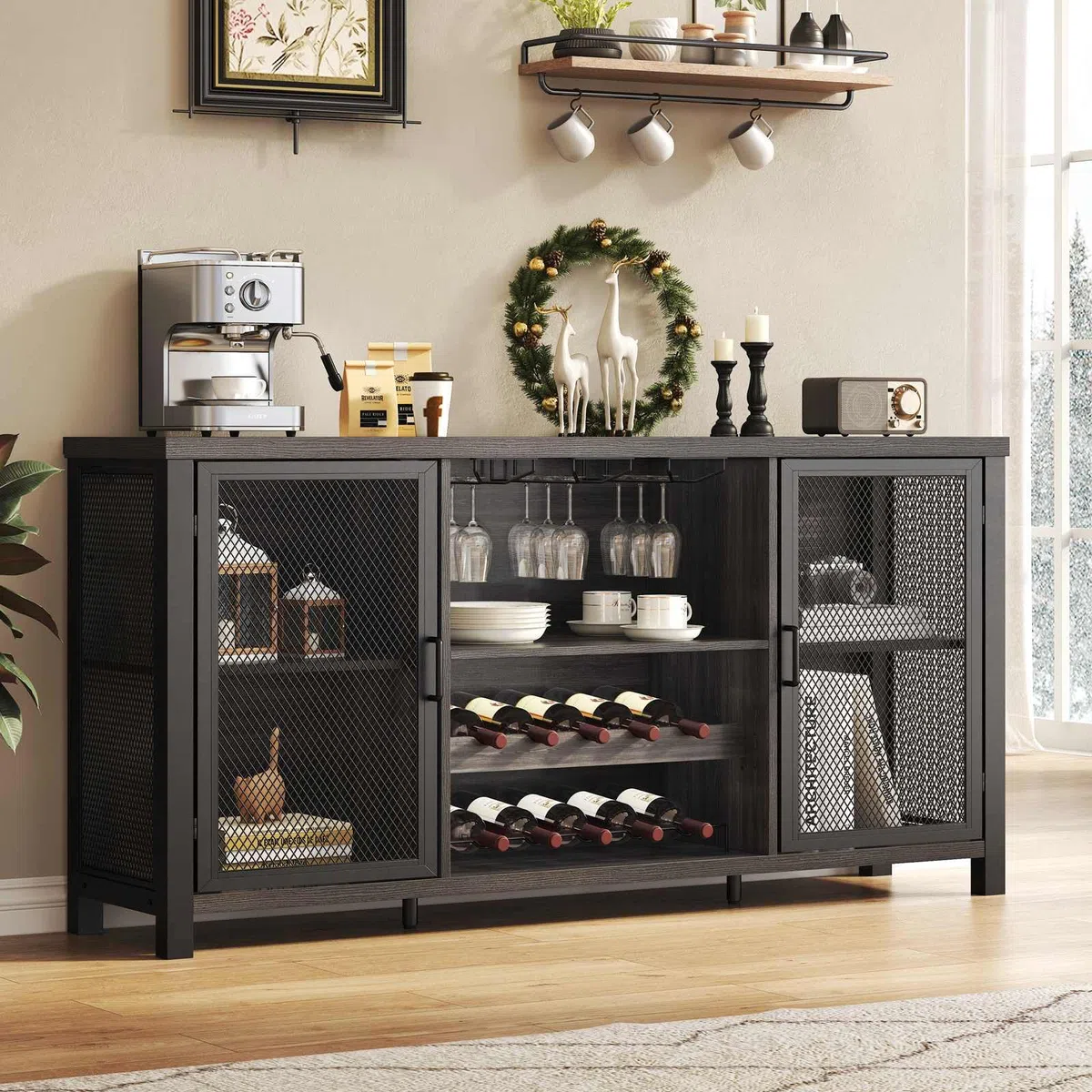 Launica Armadietto da bar per liquori, armadietto industriale per vino, credenza rustica, per liquori e bicchieri, con scaffale, per casa, cucina, sala da pranzo, rovere grigio scuro, 140 cm