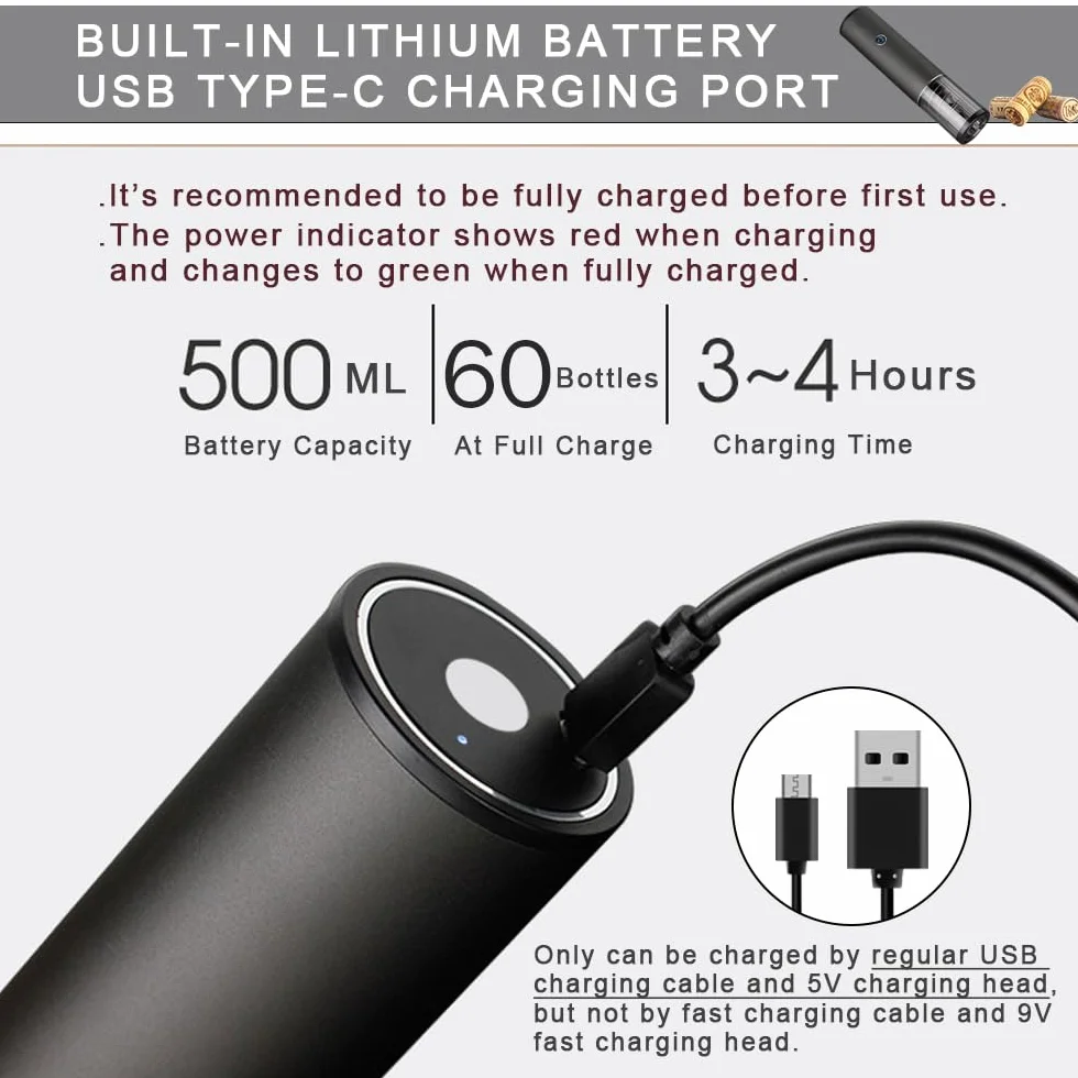 Cavatappi Elettrico Professionale Ricaricabile USB Nero con Taglia Capsule