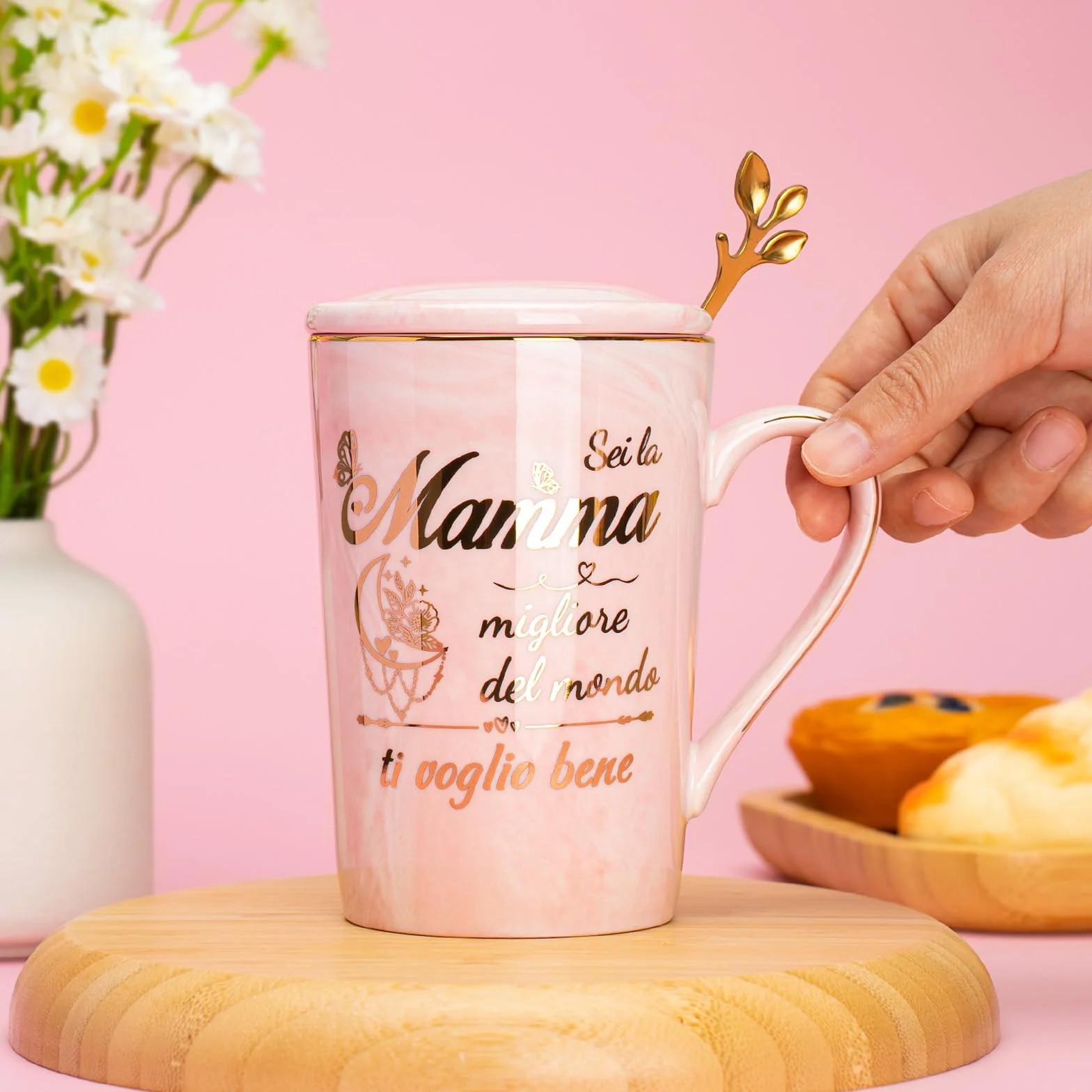 Tazza 400ml Ceramica Marmorizzata Rosa Regalo Mamma Compleanno Natale con Coperchio e Cucchiaio