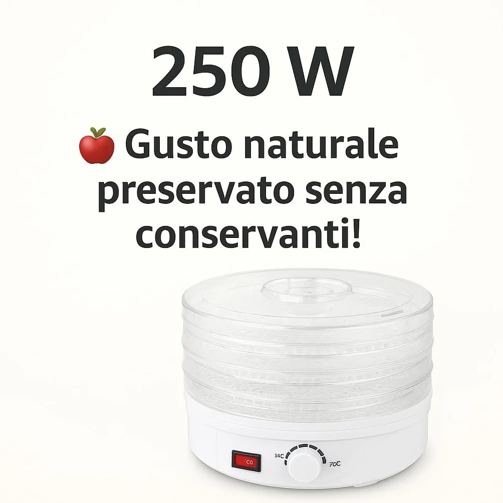Essiccatore Alimentare 250W con 4 Vassoi – Essiccatore per Funghi, Frutta e Verdura Essiccatore per Alimenti Compatto, 8 Programmi, Ventola Potente, Facile da Usare