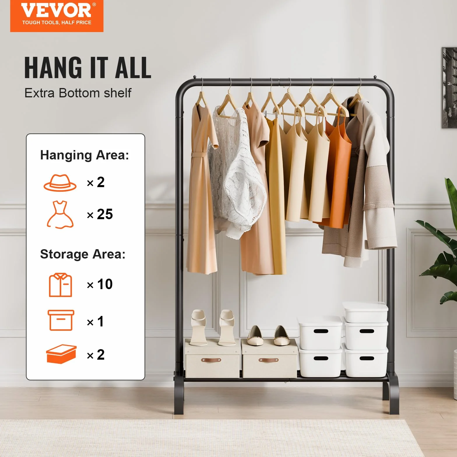 VEVOR Stand Appendiabiti Barra Singola Ripiano Singolo da Appendere per Camera da Letto Soggiorno, Appendiabiti in Acciaio al Carbonio Q235 Diametro del Tubo 25,4 mm, Stand Appendiabiti Peso di 2,9 kg